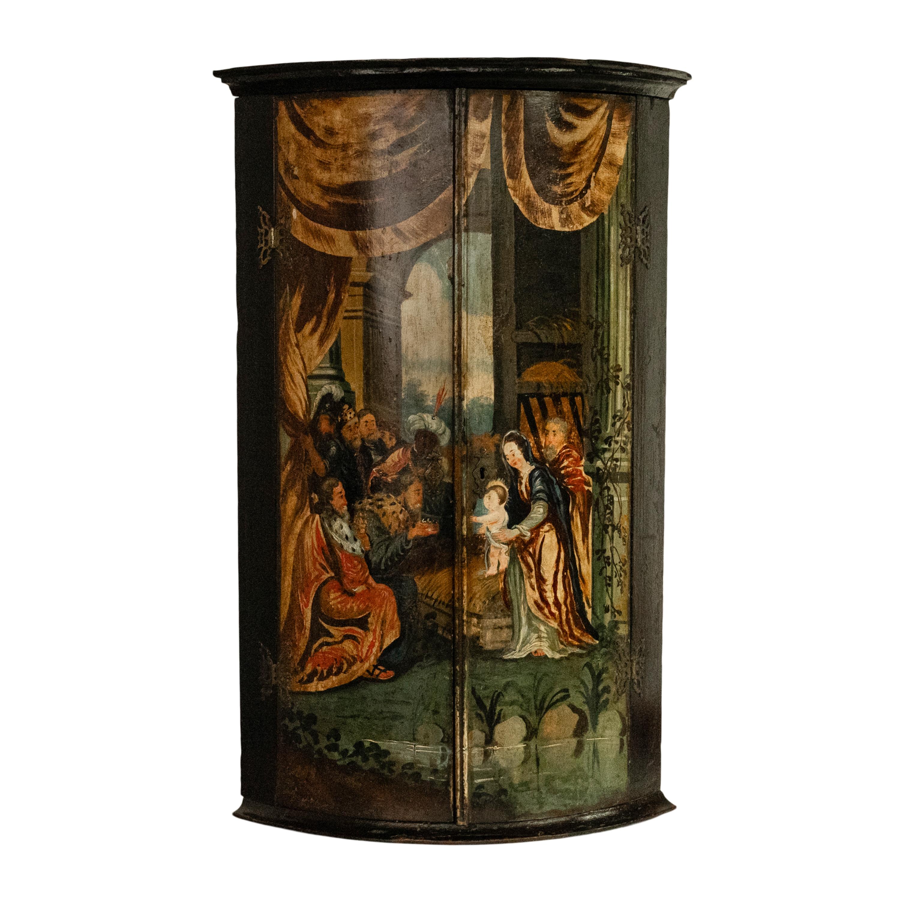 Hand-Painted Antique Flemish Painted Polychrome Corner Cabinet Christ Nativity Magi 1760 For Sale