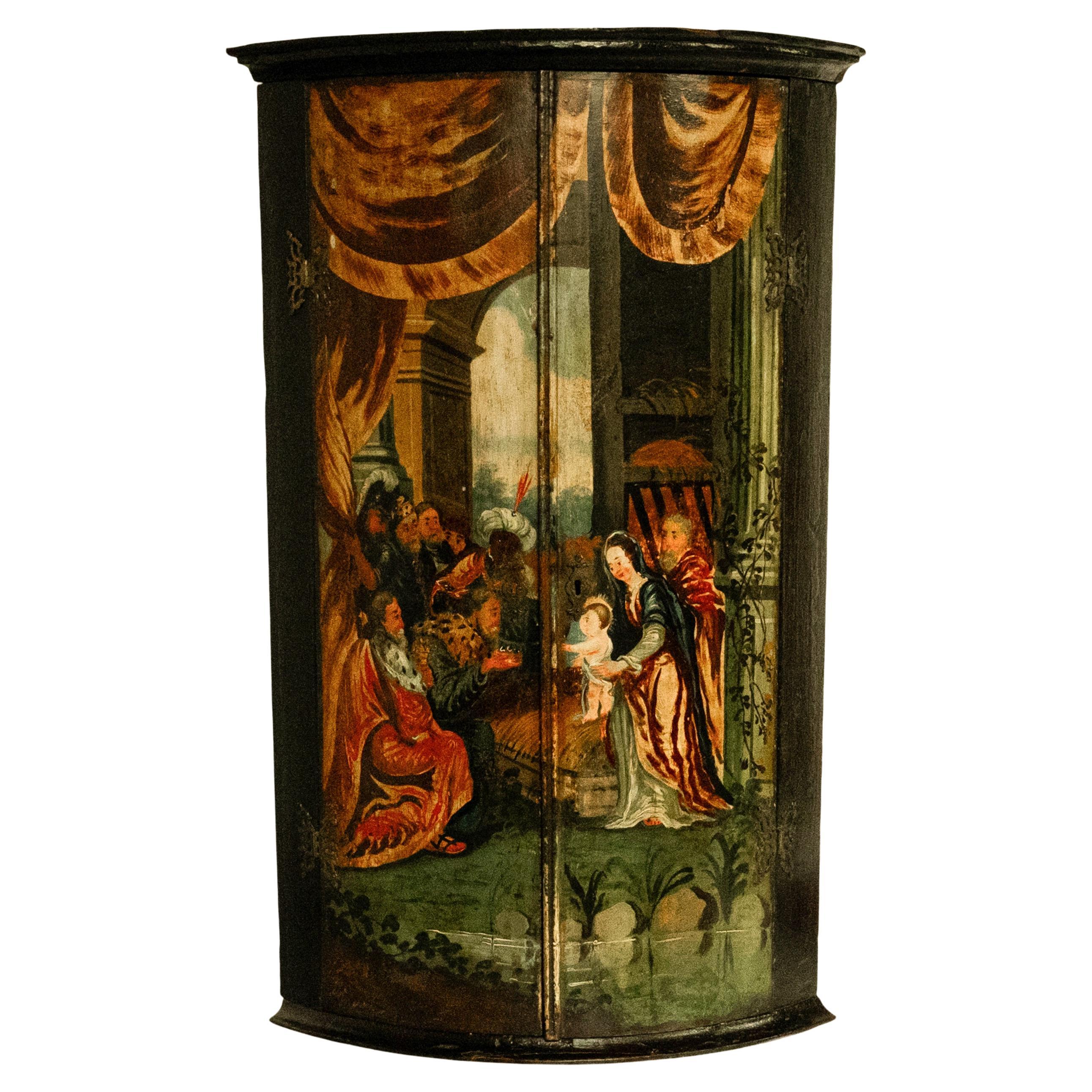 Antique Flemish Painted Polychrome Corner Cabinet Christ Nativity Magi 1760 In Good Condition For Sale In Portland, OR