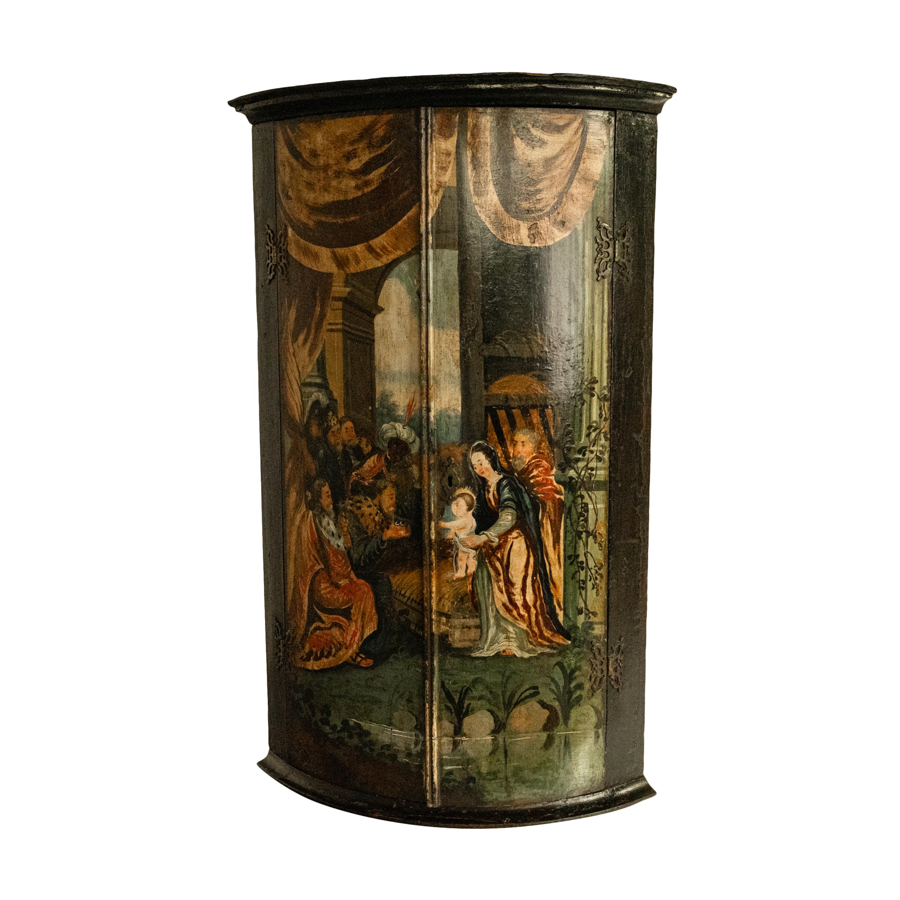 Antiguo Armario Esquinero Pintado en Flandes Policromado Cristo Natividad Reyes Magos 1760 en Bueno estado para la venta en Portland, OR