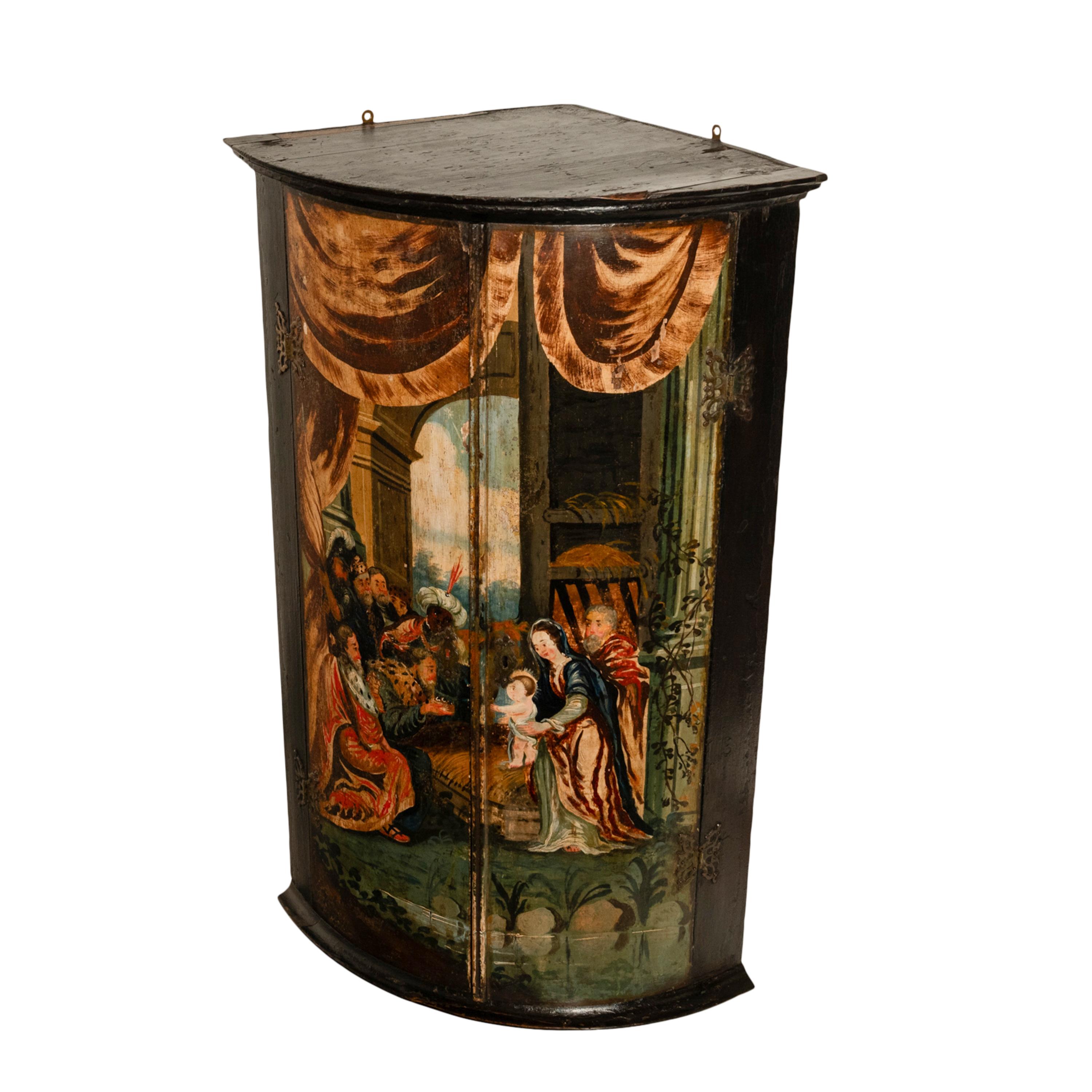 Wood Antique Flemish Painted Polychrome Corner Cabinet Christ Nativity Magi 1760 For Sale