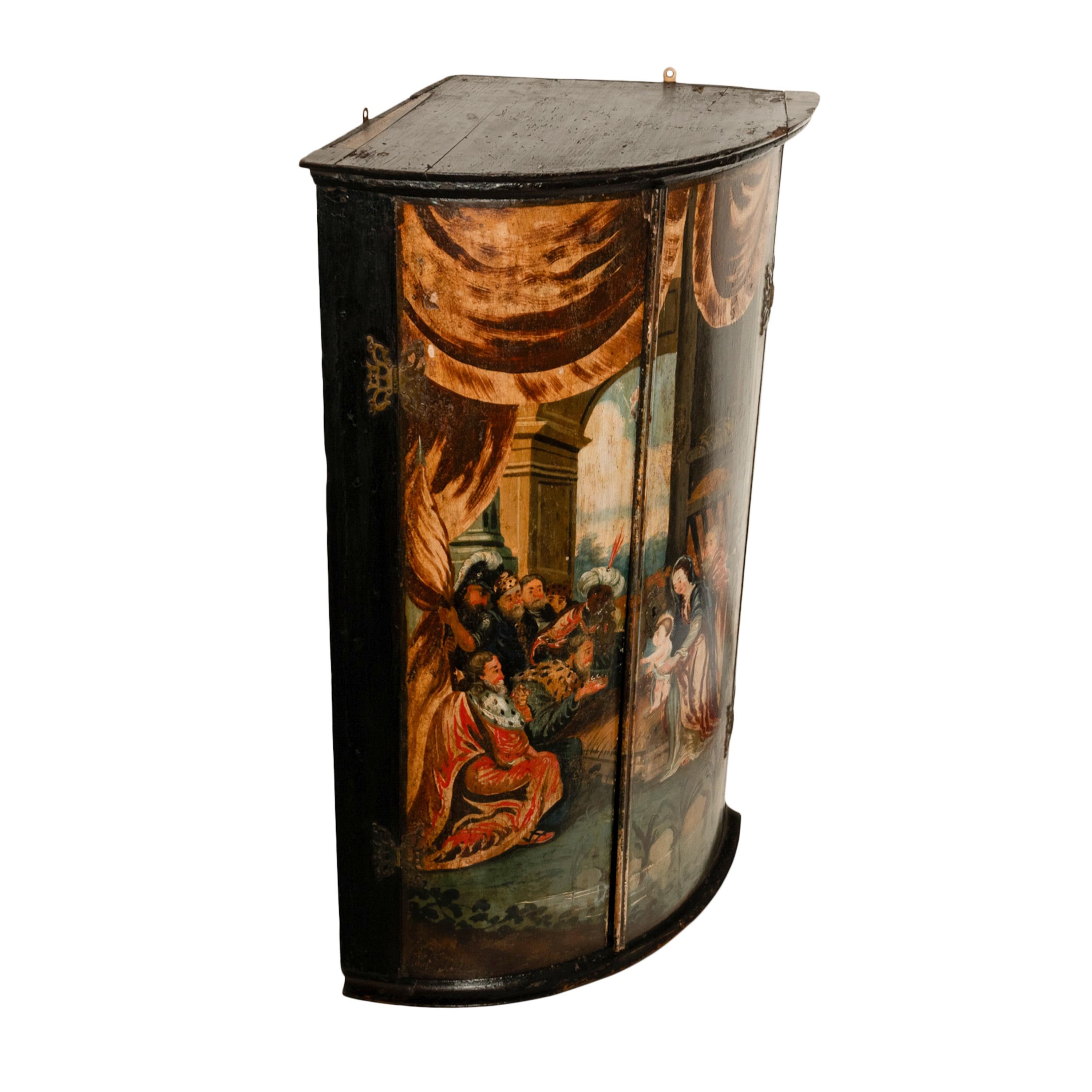 Antique Flemish Painted Polychrome Corner Cabinet Christ Nativity Magi 1760 For Sale 1