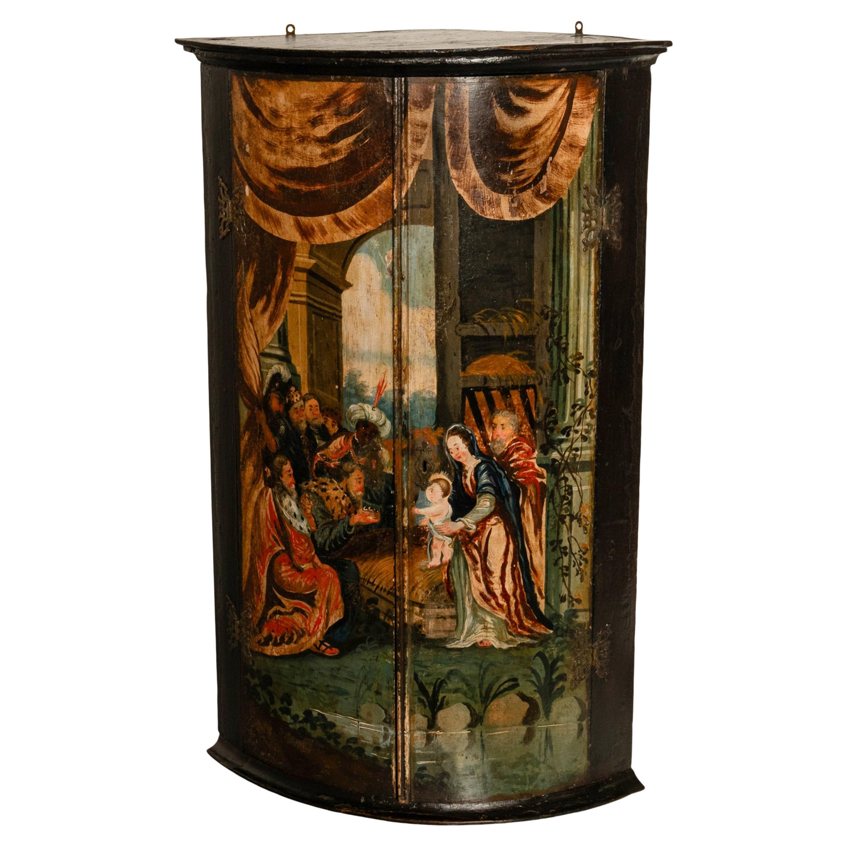 Antique Flemish Painted Polychrome Corner Cabinet Christ Nativity Magi 1760 For Sale