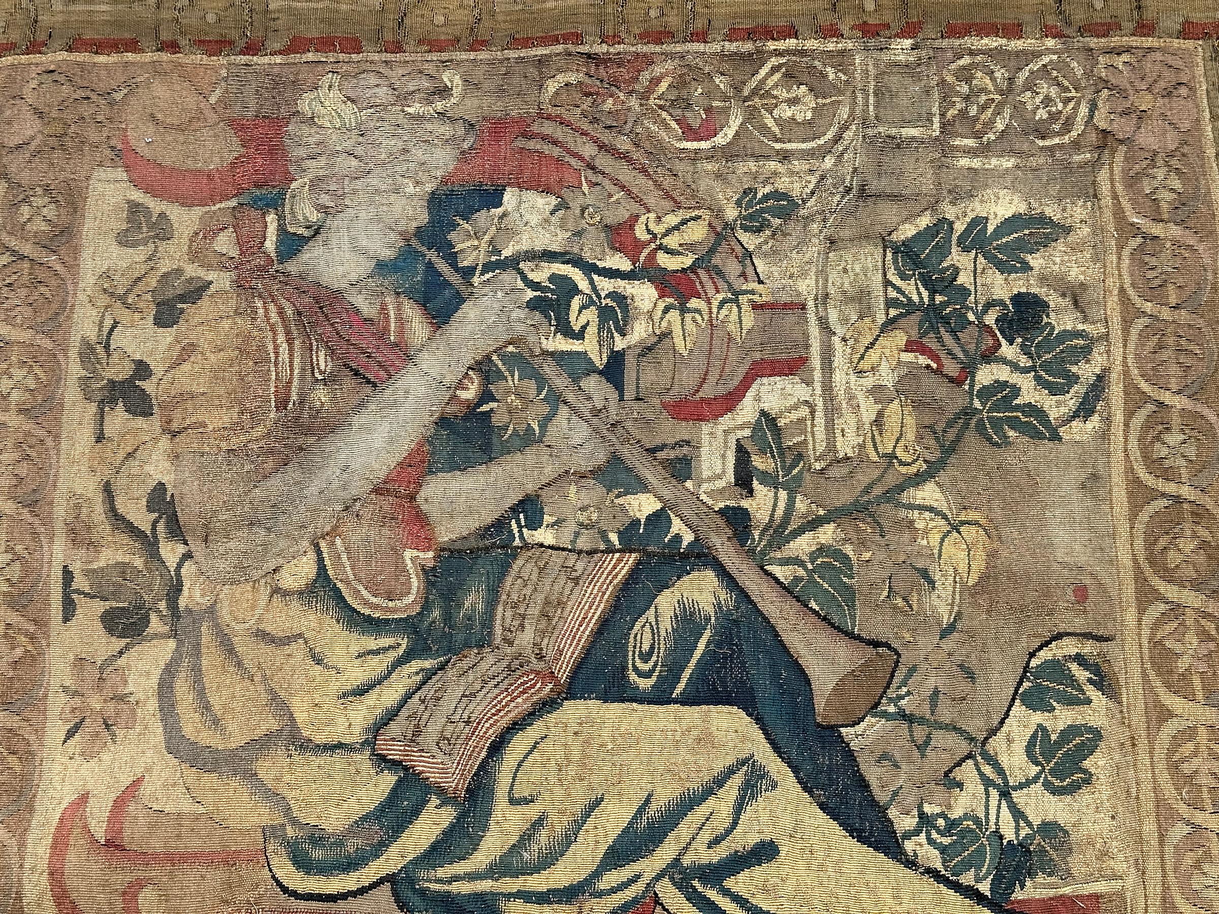 Art Nouveau Antique Flemish Tapestry 91cm×122cm Musical 3x4 Decorative Panel Tapestry c.1650 For Sale