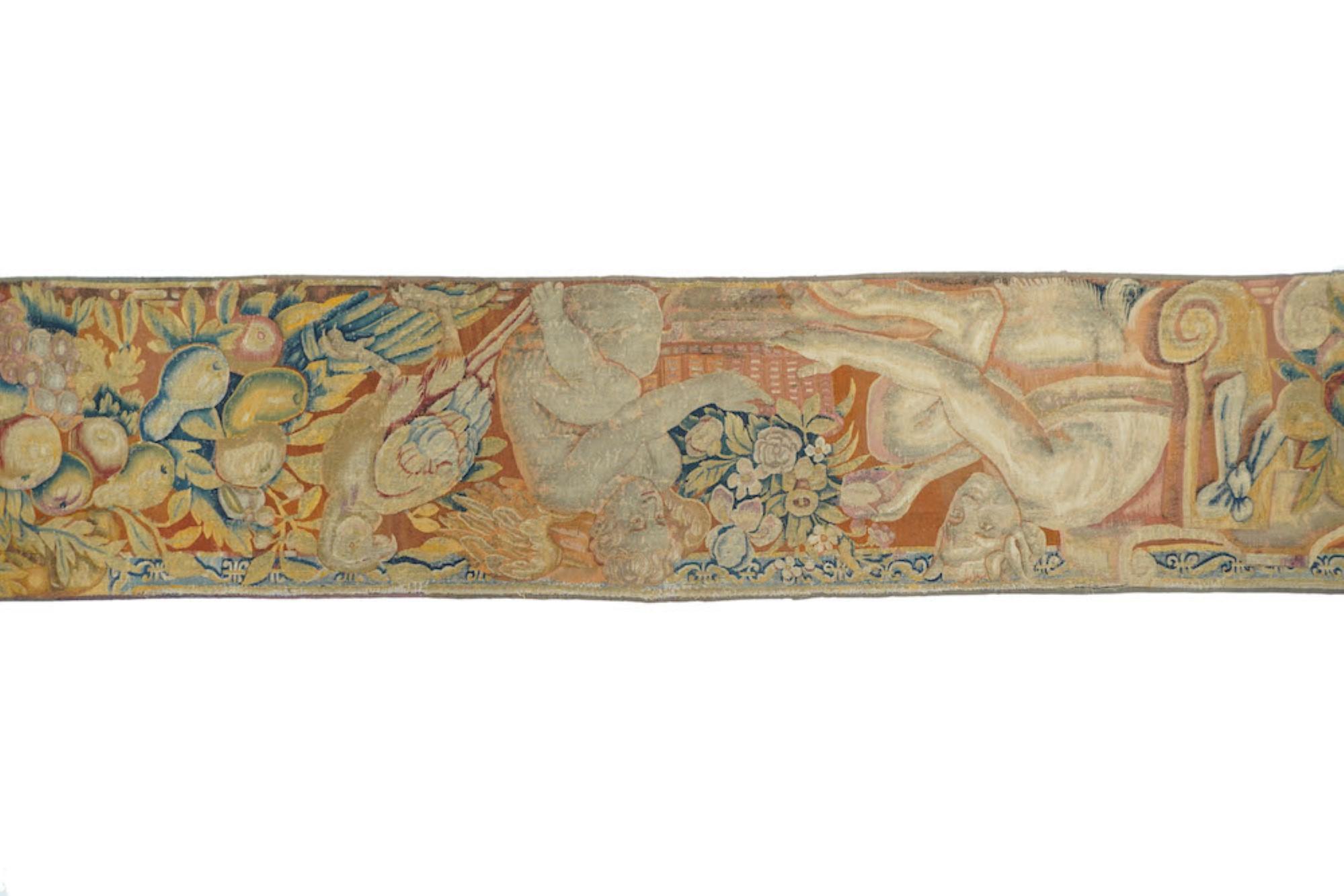 European Antique Flemish Tapestry Panel Rug 1'7'' x 8'3'' For Sale