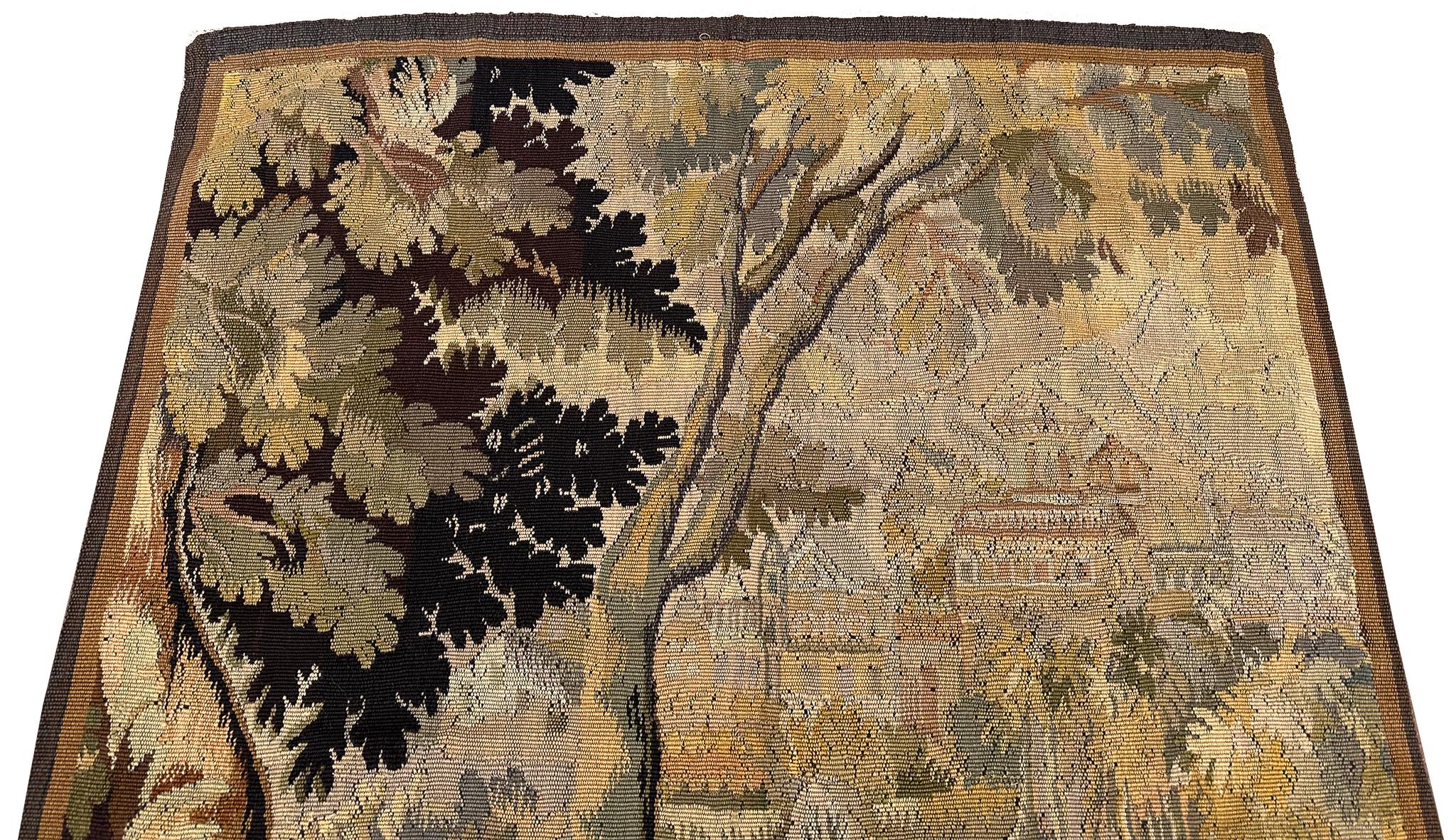 Antiker flämischer Wandteppich Verdure Vogel Wolle & Seide 115cmx168cm Grün 4x6 C.1880 im Angebot 3