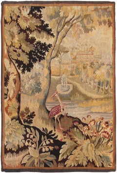 Antiker flämischer Wandteppich Verdure Vogel Wolle & Seide 115cmx168cm Grün 4x6 C.1880