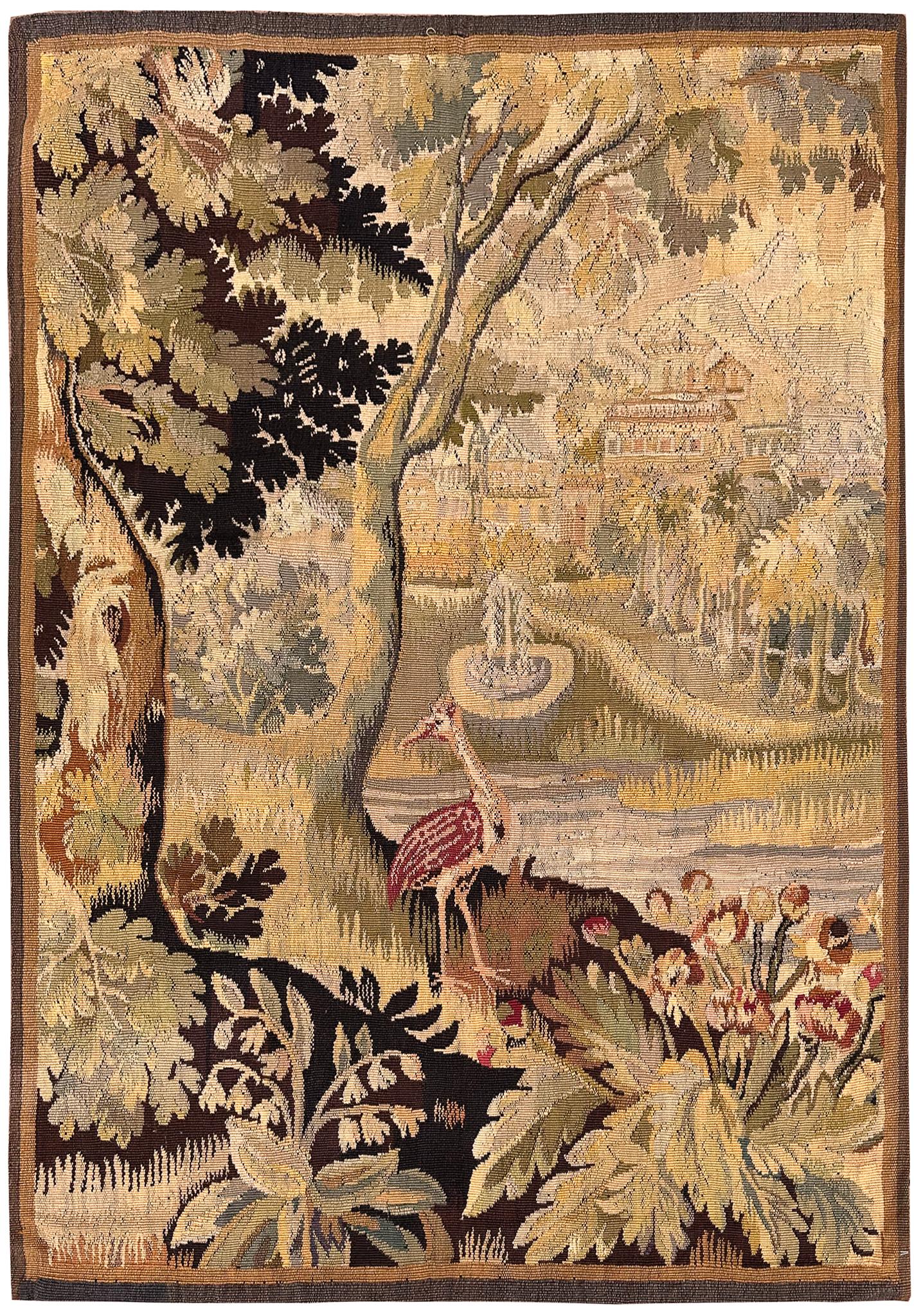 Antiker flämischer Wandteppich Verdure Vogel Wolle & Seide 115cmx168cm Grün 4x6 C.1880 (Rokoko) im Angebot