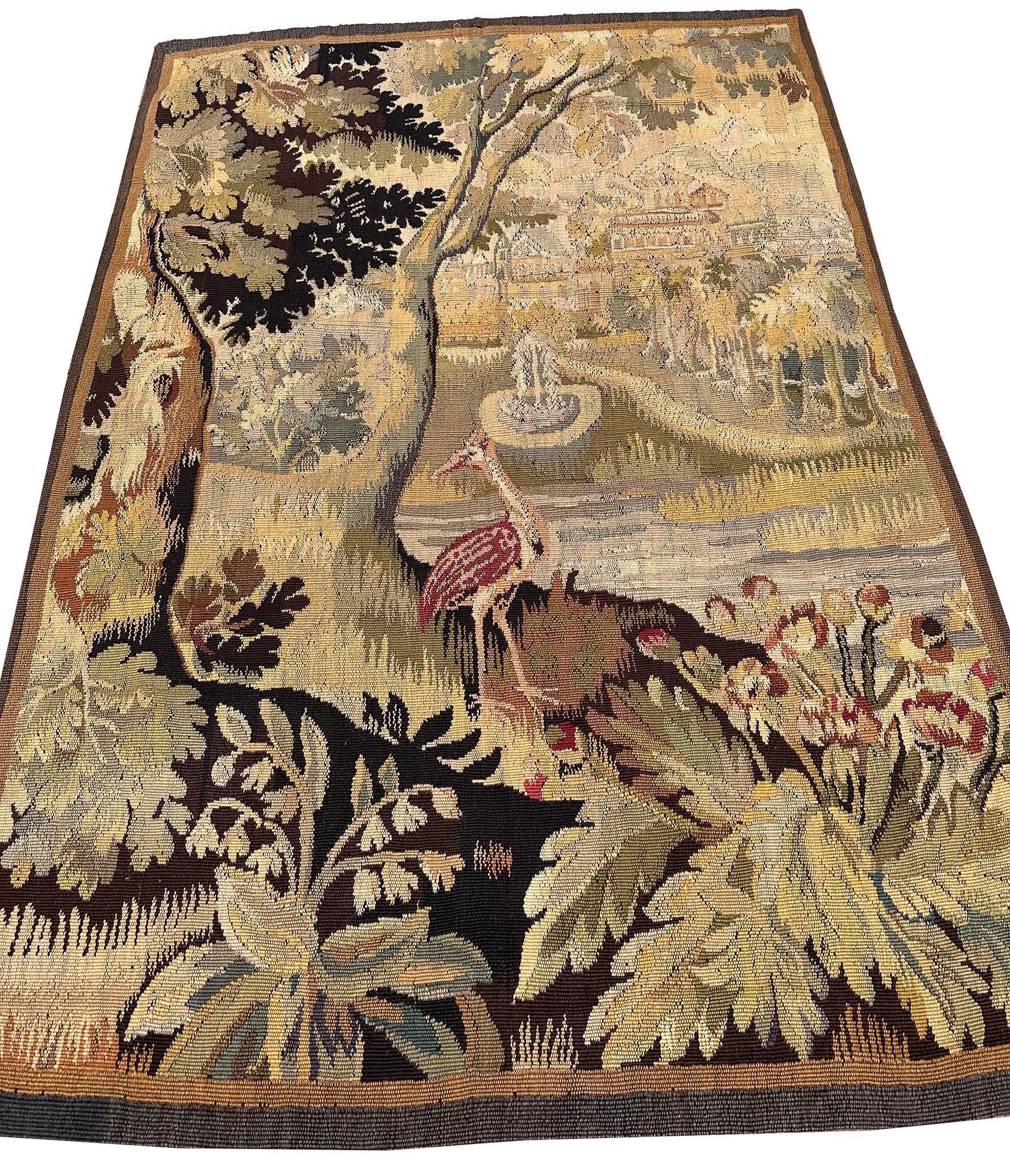 Antiker flämischer Wandteppich Verdure Vogel Wolle & Seide 115cmx168cm Grün 4x6 C.1880 (Handgewebt) im Angebot