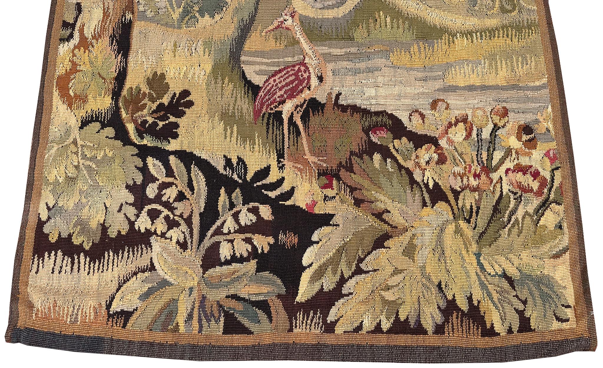 Antiker flämischer Wandteppich Verdure Vogel Wolle & Seide 115cmx168cm Grün 4x6 C.1880 im Zustand „Gut“ im Angebot in New York, NY
