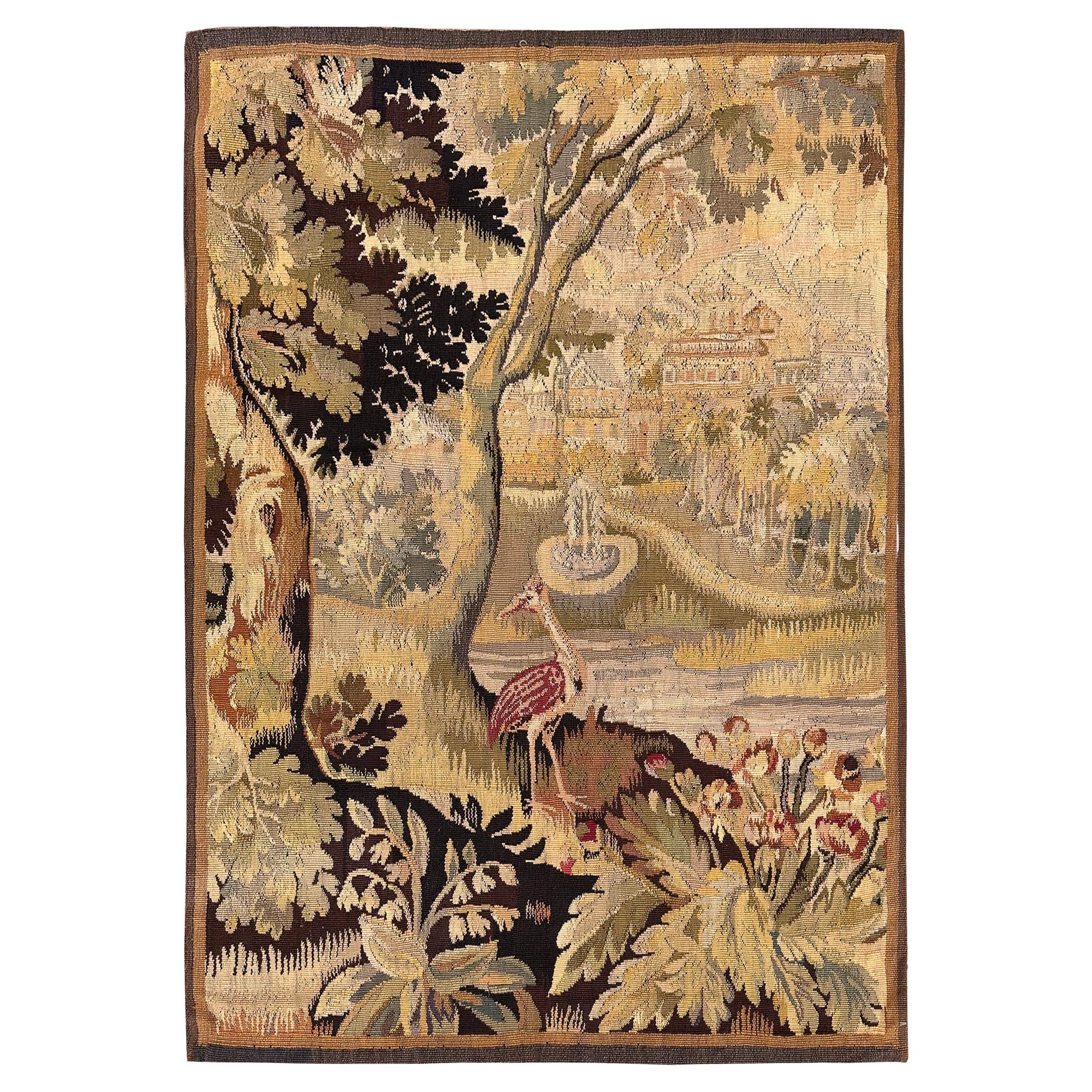 Antiker flämischer Wandteppich Verdure Vogel Wolle & Seide 115cmx168cm Grün 4x6 C.1880 im Angebot