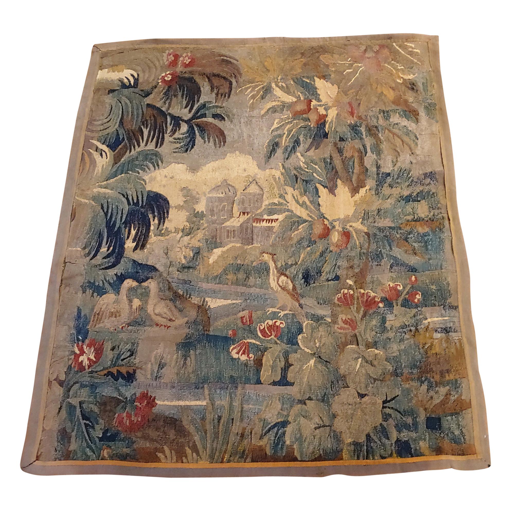 Antique Flemish Tapestry Wall Hanging Forest Design with Castle, Birds Wool For Sale