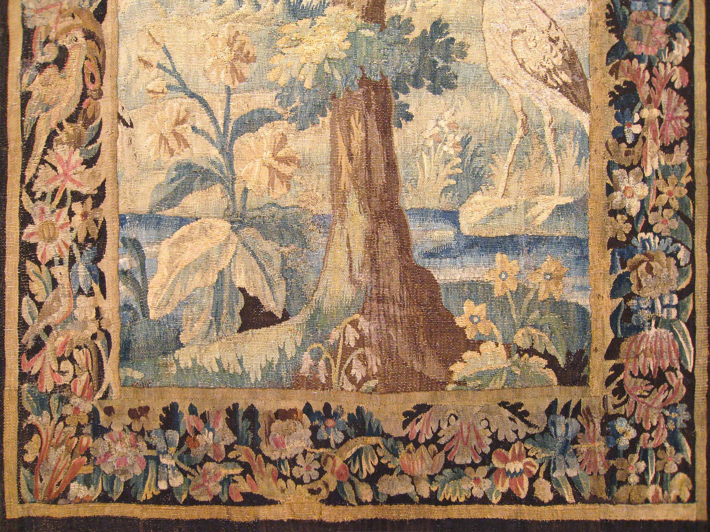 Belgian Flemish Verdure Landscape Tapestry Panel, with Large Tree and Foliate Border