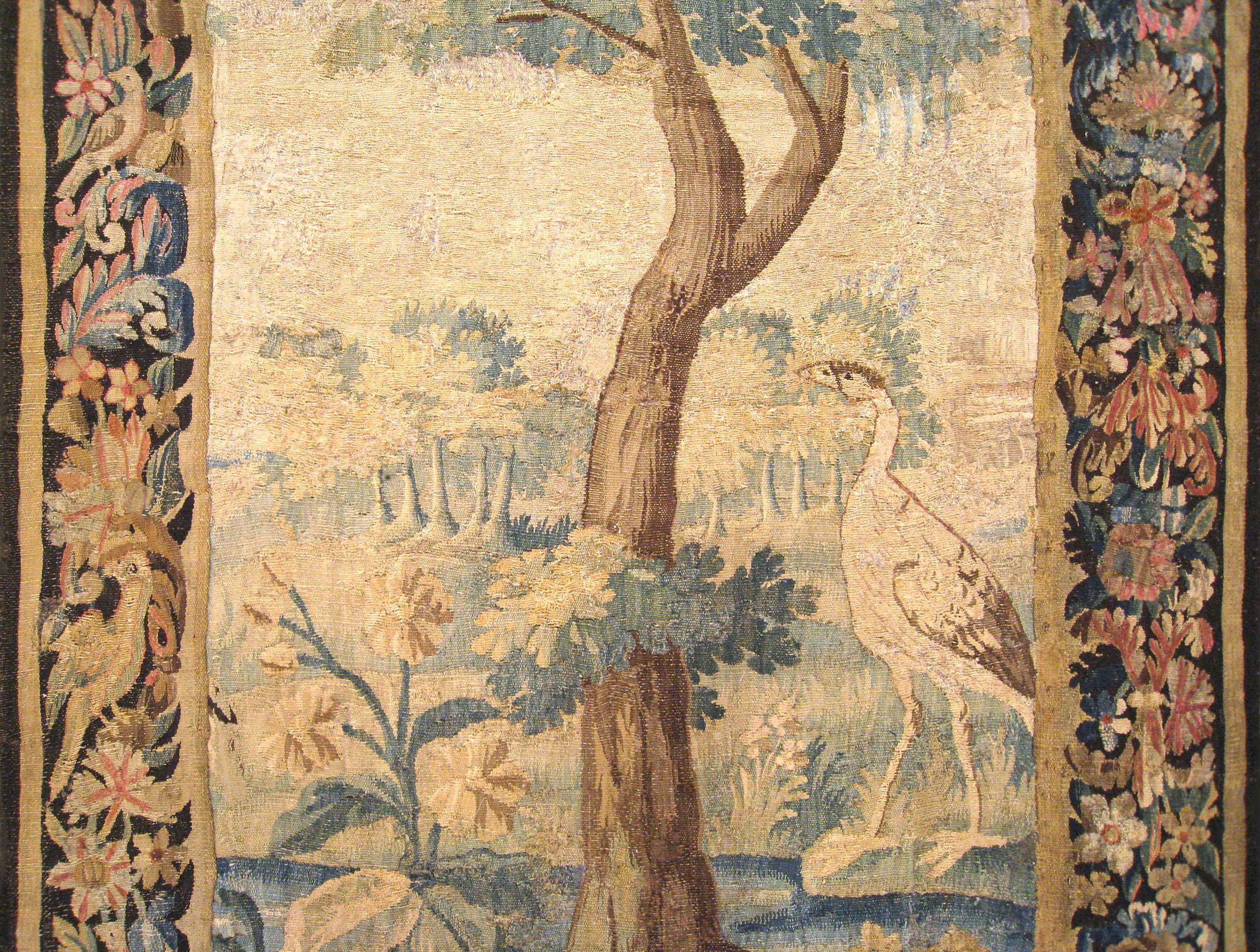 Hand-Woven Flemish Verdure Landscape Tapestry Panel, with Large Tree and Foliate Border