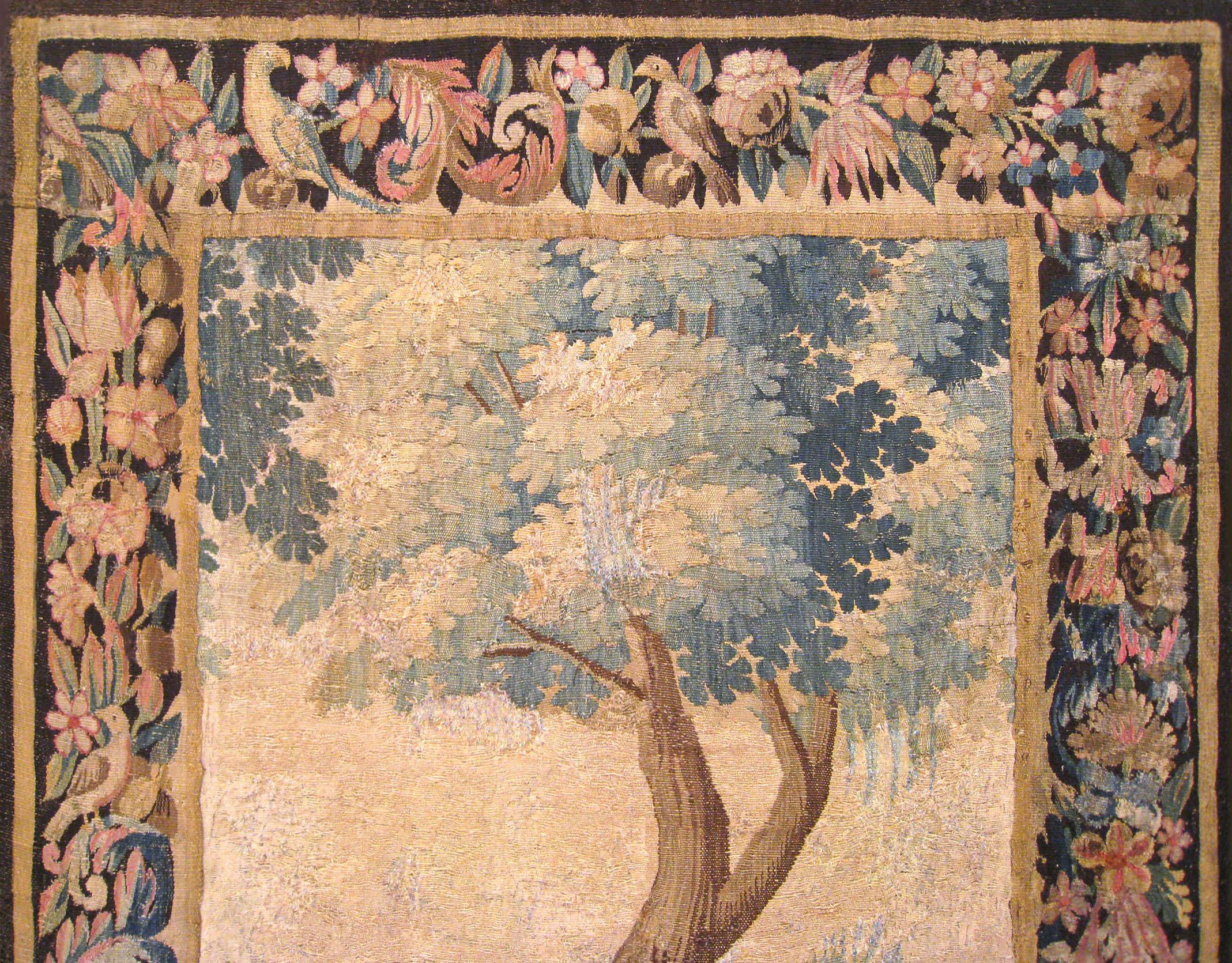 Flemish Verdure Landscape Tapestry Panel, with Large Tree and Foliate Border In Good Condition In New York, NY