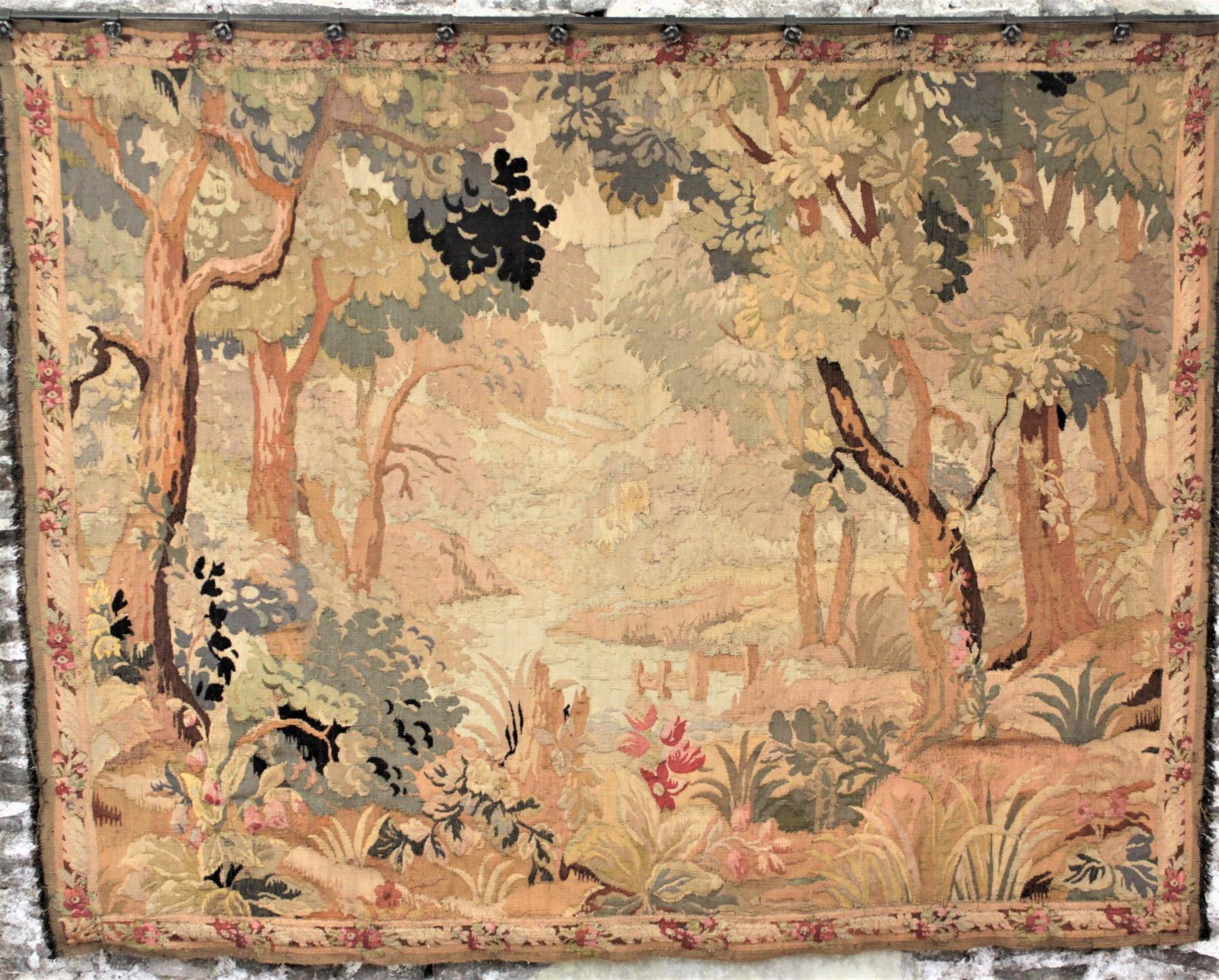Aubusson Antique Flemish Verdure Styled Hand Knotted Tapestry of a Lush Forest & Lake