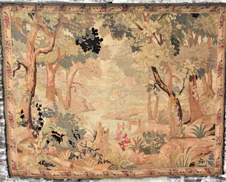 Aubusson Antique Flemish Verdure Styled Hand Knotted Tapestry of a Lush Forest & Lake For Sale