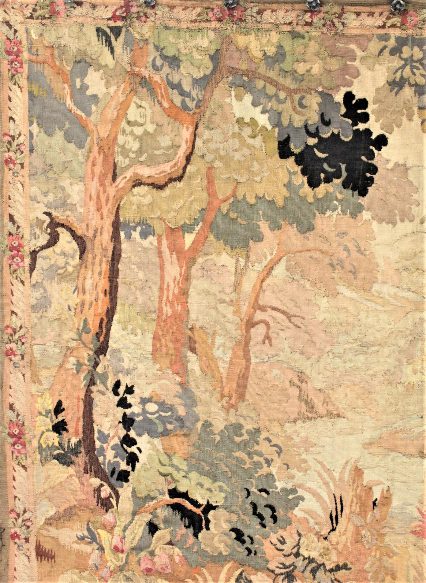 Belgian Antique Flemish Verdure Styled Hand Knotted Tapestry of a Lush Forest & Lake