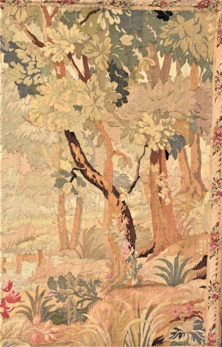 Antique Flemish Verdure Styled Hand Knotted Tapestry of a Lush Forest & Lake In Good Condition For Sale In Hamilton, Ontario