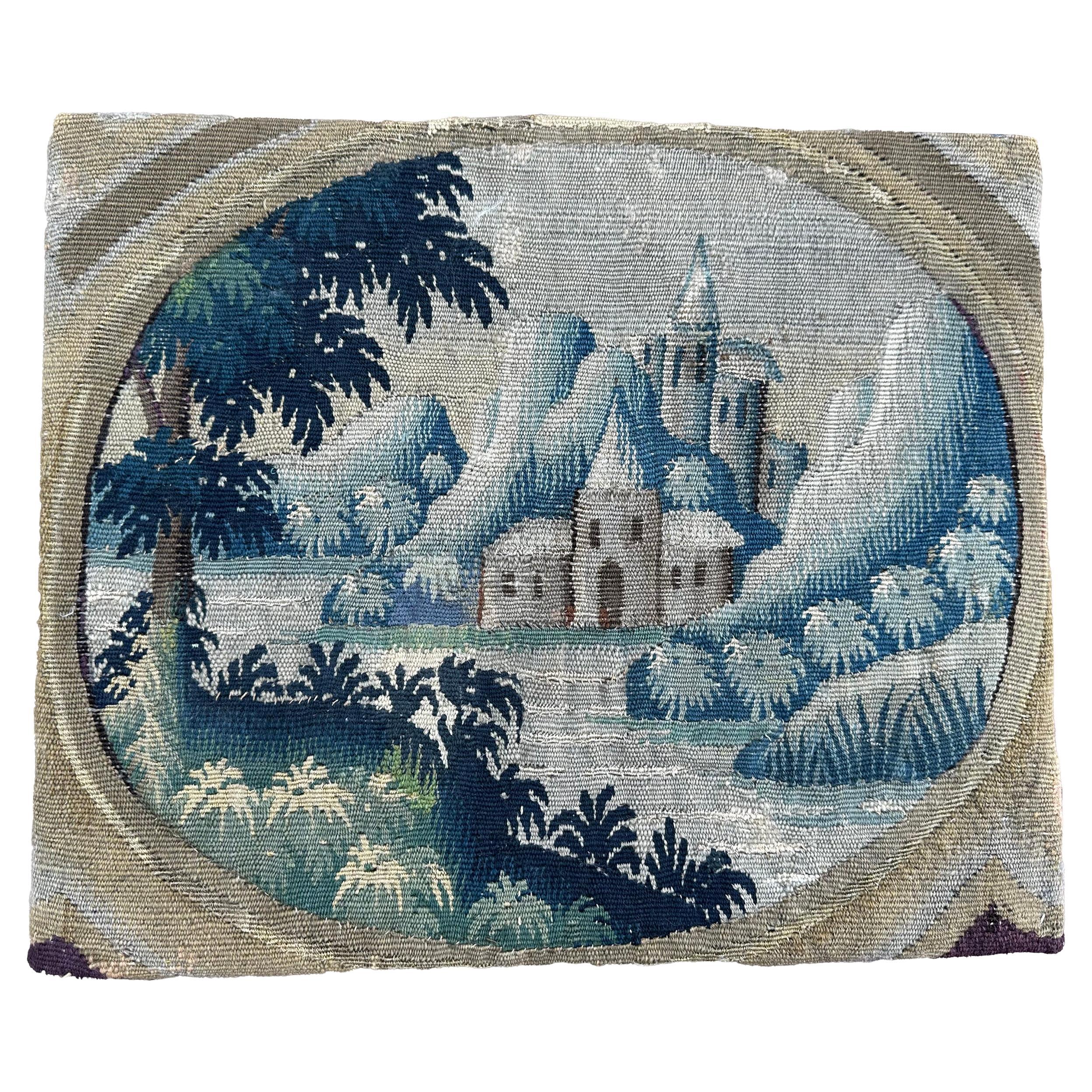 Ancienne tapisserie flamande en laine et soie 36cm×43 cm Scène montée 1
x2
 c.1790 en vente