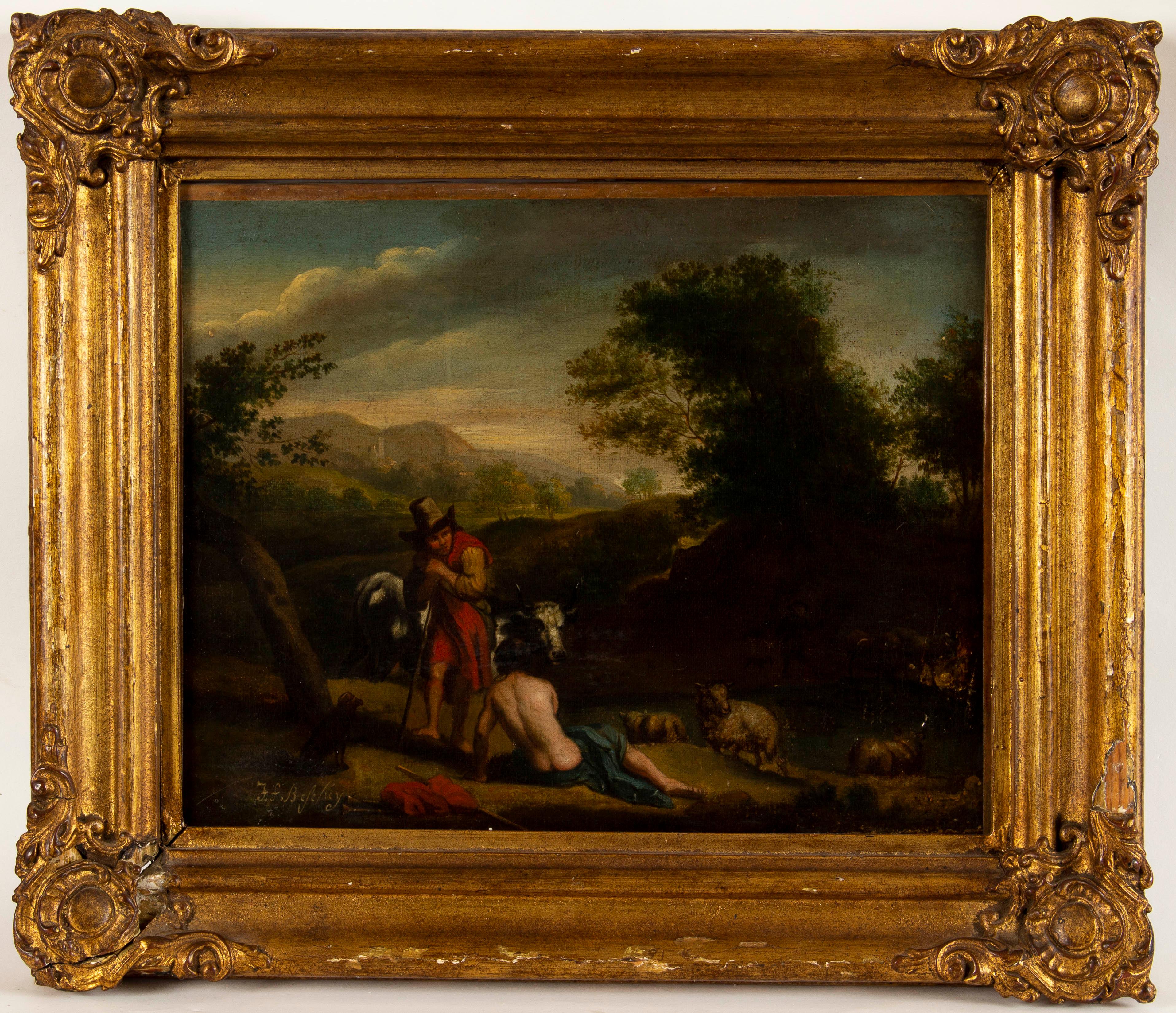 Exquisite antique Arcadia Scene with Shepherds, by flemmish painter Jan Frans Beschey (Antwerp, 1717-1786).
Signed bottom left: J. F. Beschey
In antique carved wood frame.
Net size: 30,5 x 36,5 cm
Size with frame: 42 x 49 cm.