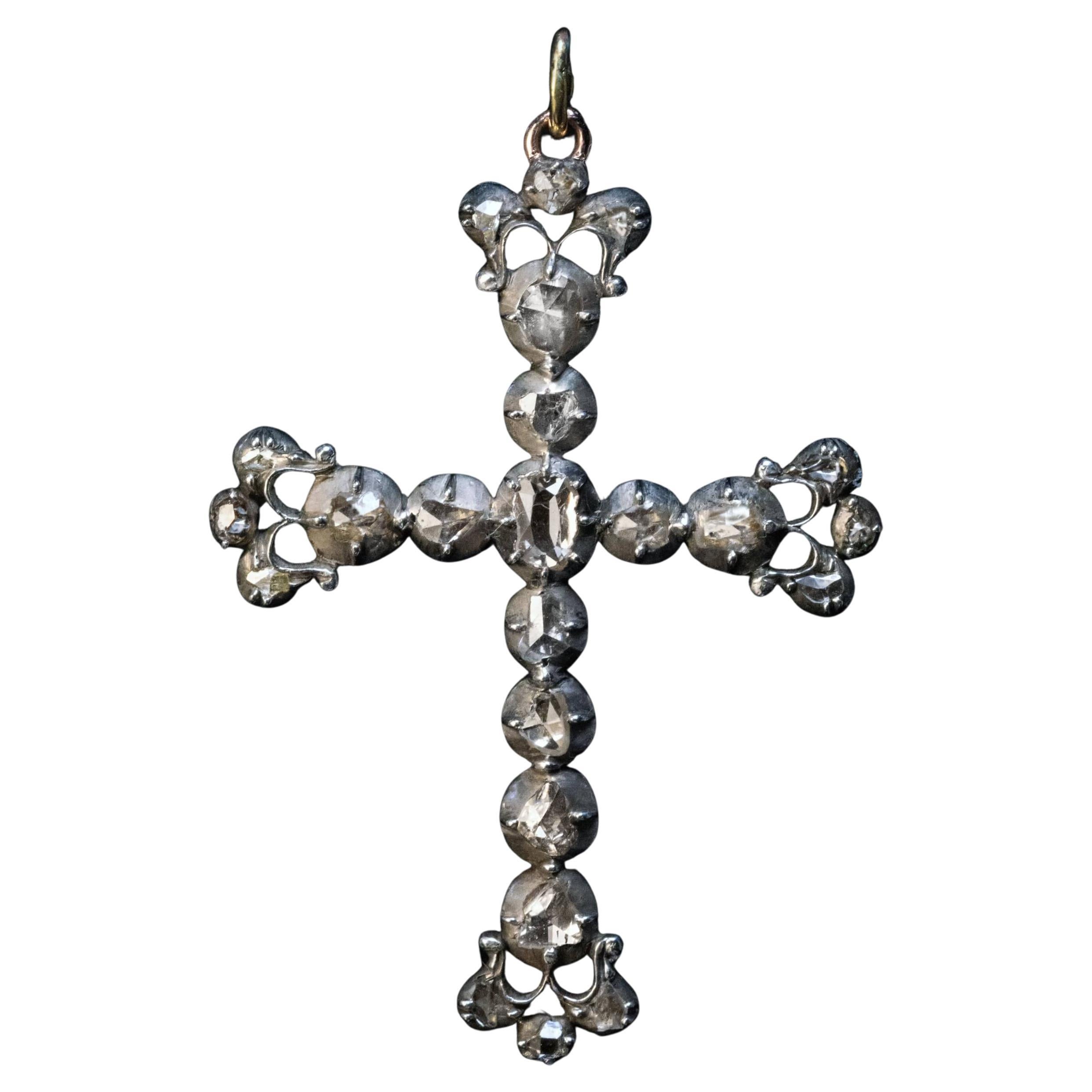 Antique Fleur de Lis Diamond Cross Pendant c. 1700