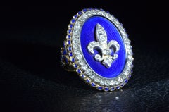 Antique Fleur-de-Lis Ring with Blue Enamel 2.20 Carat Old Mine Cuts