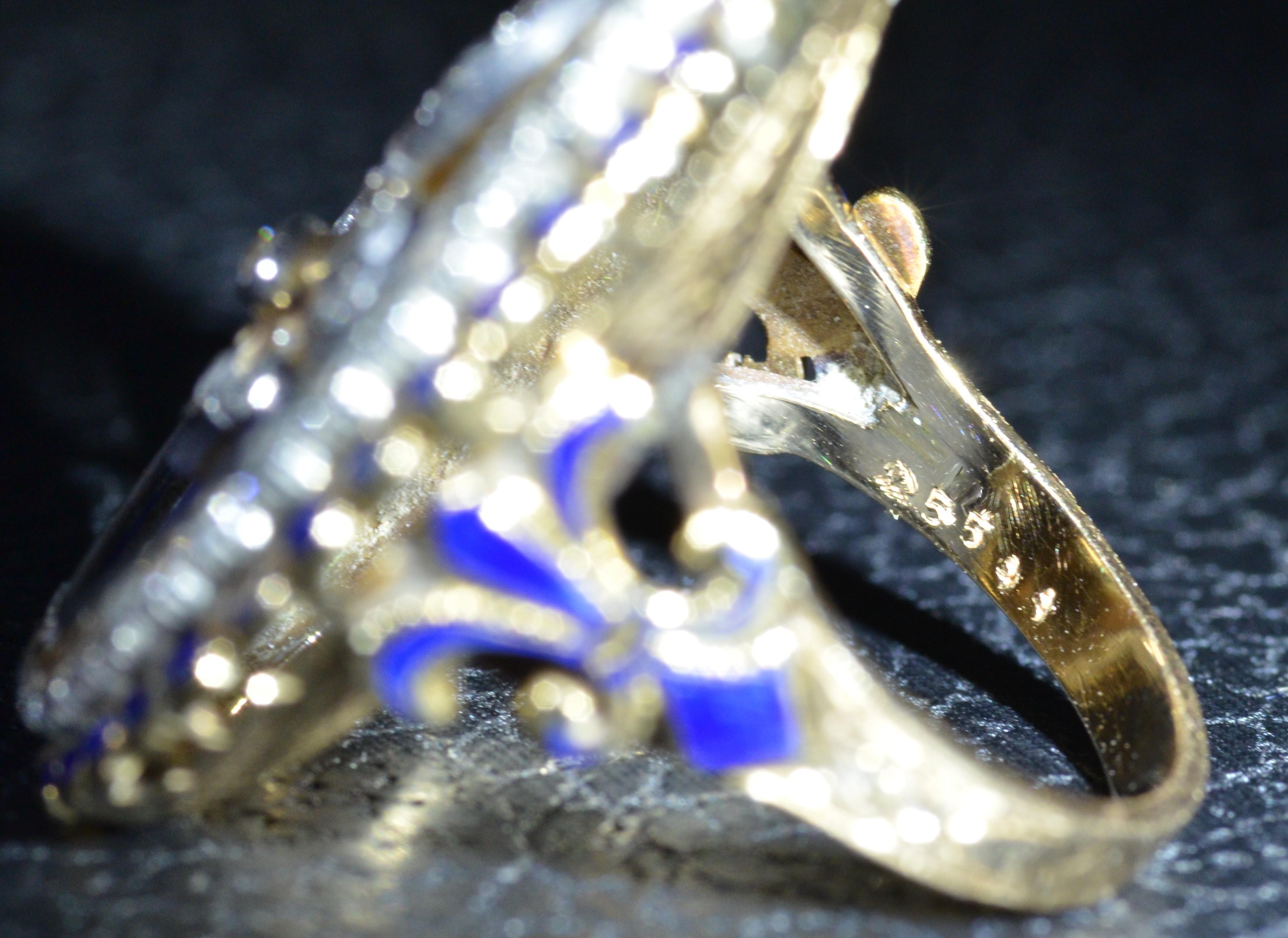 Edwardian Antique Fleur-de-Lis Ring with Blue Enamel 2.20 Carat Old Mine Cuts For Sale