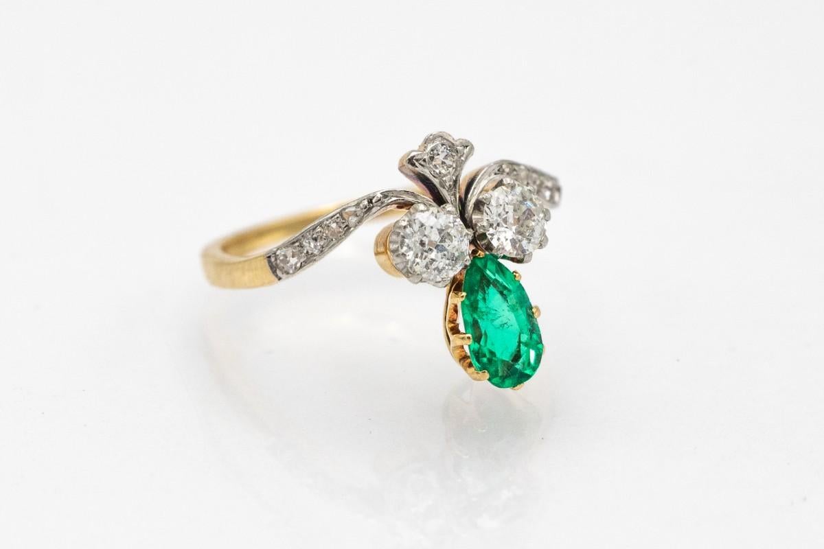 Old European Cut Antique Fleur De Lys Gold Ring with Emerald and Diamonds, France, late 19th cent For Sale