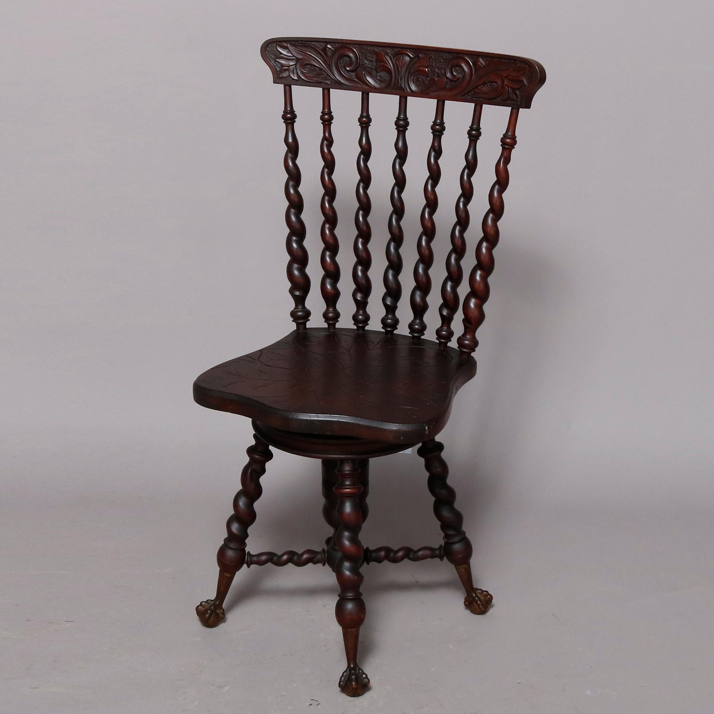 Victorian Antique Flint School Mahogany Barley Twist Spindle Piano Chair, circa 1900
