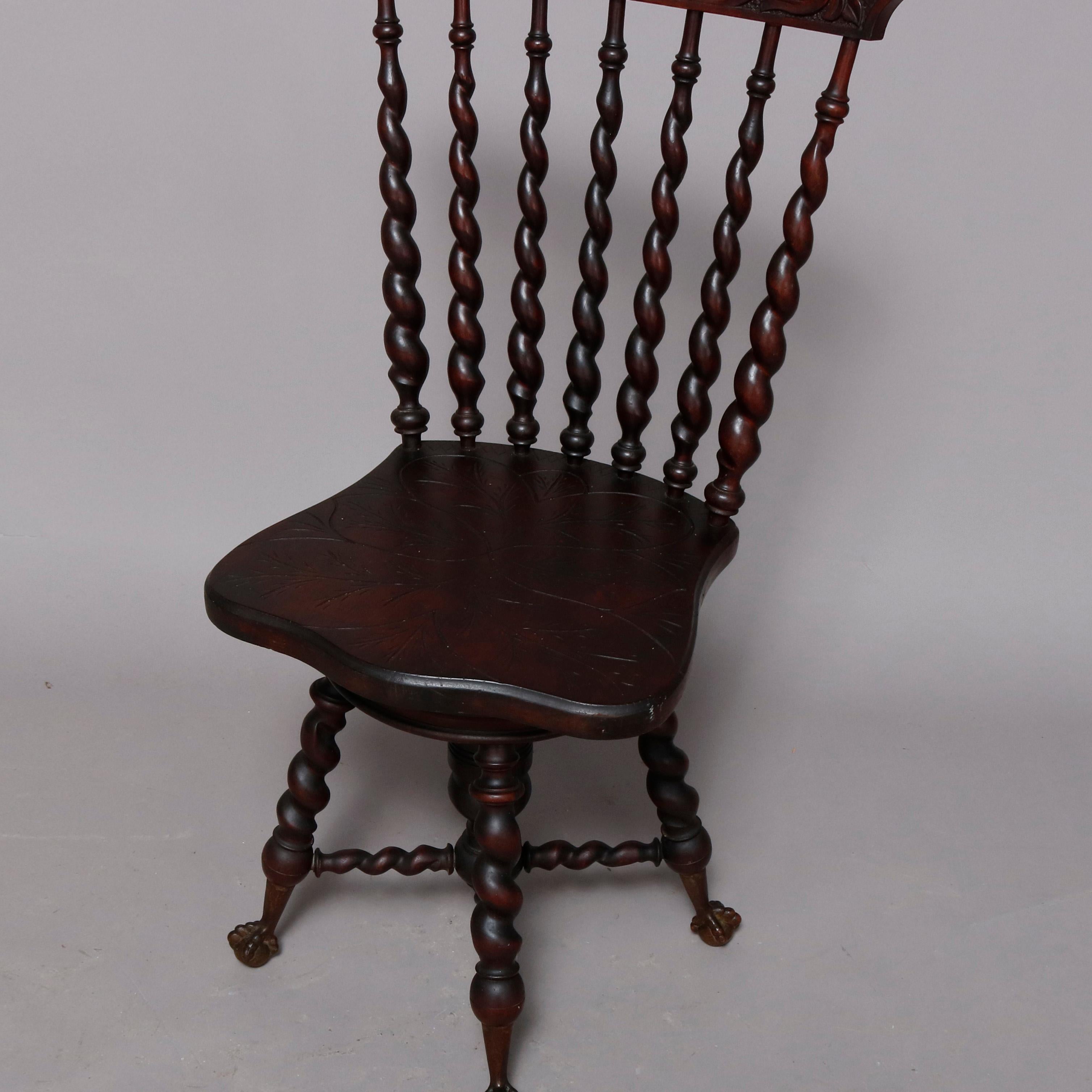American Antique Flint School Mahogany Barley Twist Spindle Piano Chair, circa 1900