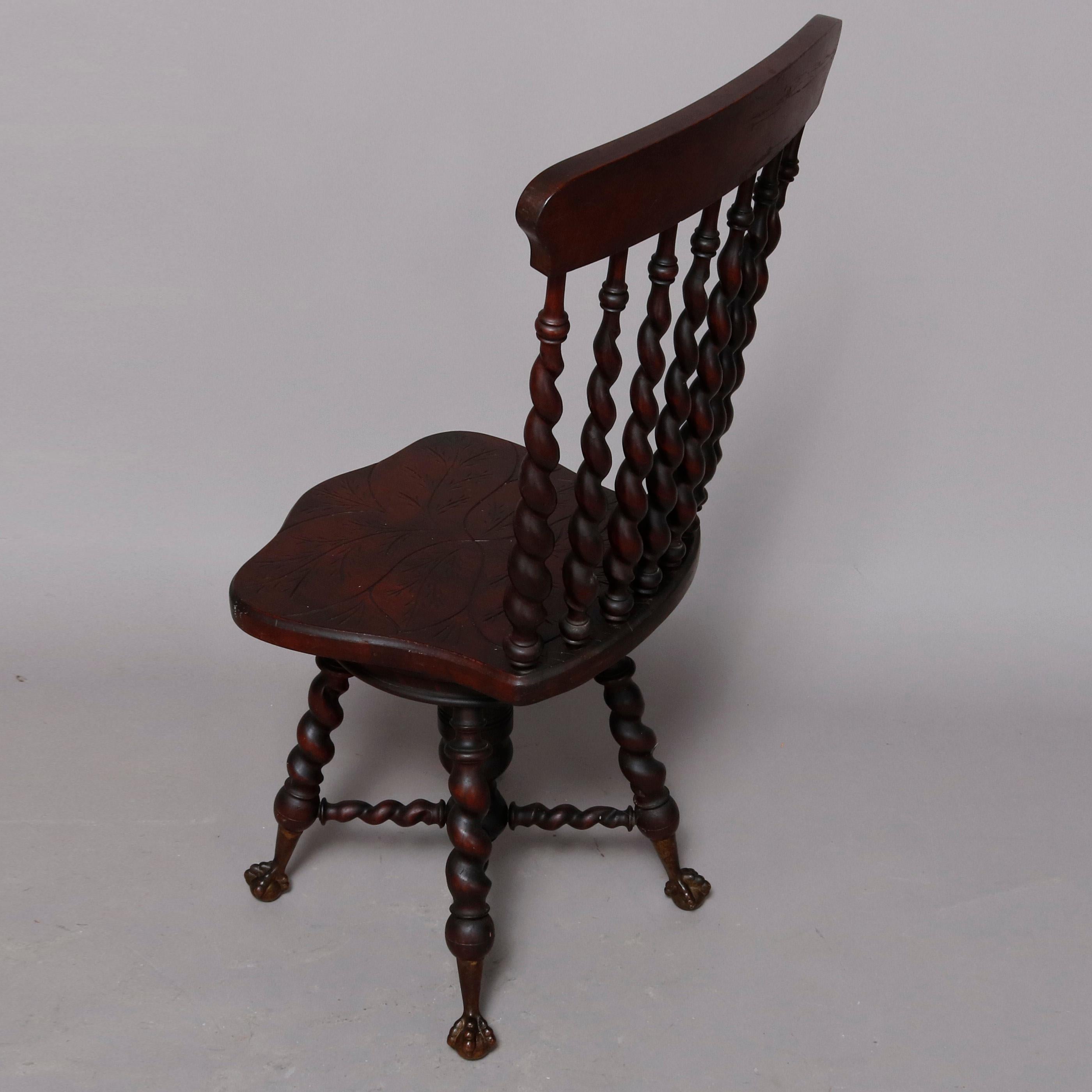 Hand-Carved Antique Flint School Mahogany Barley Twist Spindle Piano Chair, circa 1900