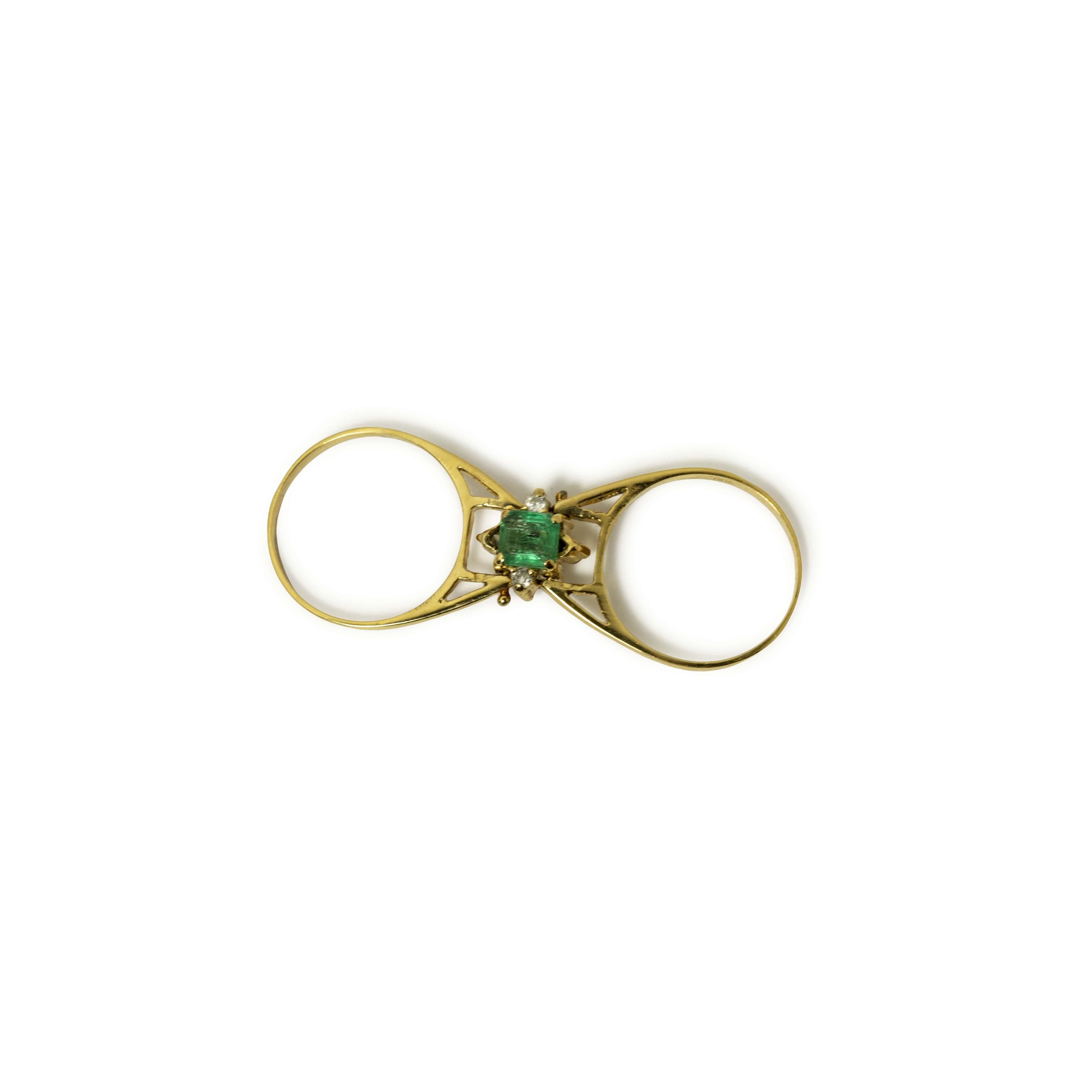 Antique flip ring on one side it has ruby and diamonds on the other side it has emerald and diamonds. It is made in yellow gold and is a size 7,5US.14k yellow gold.