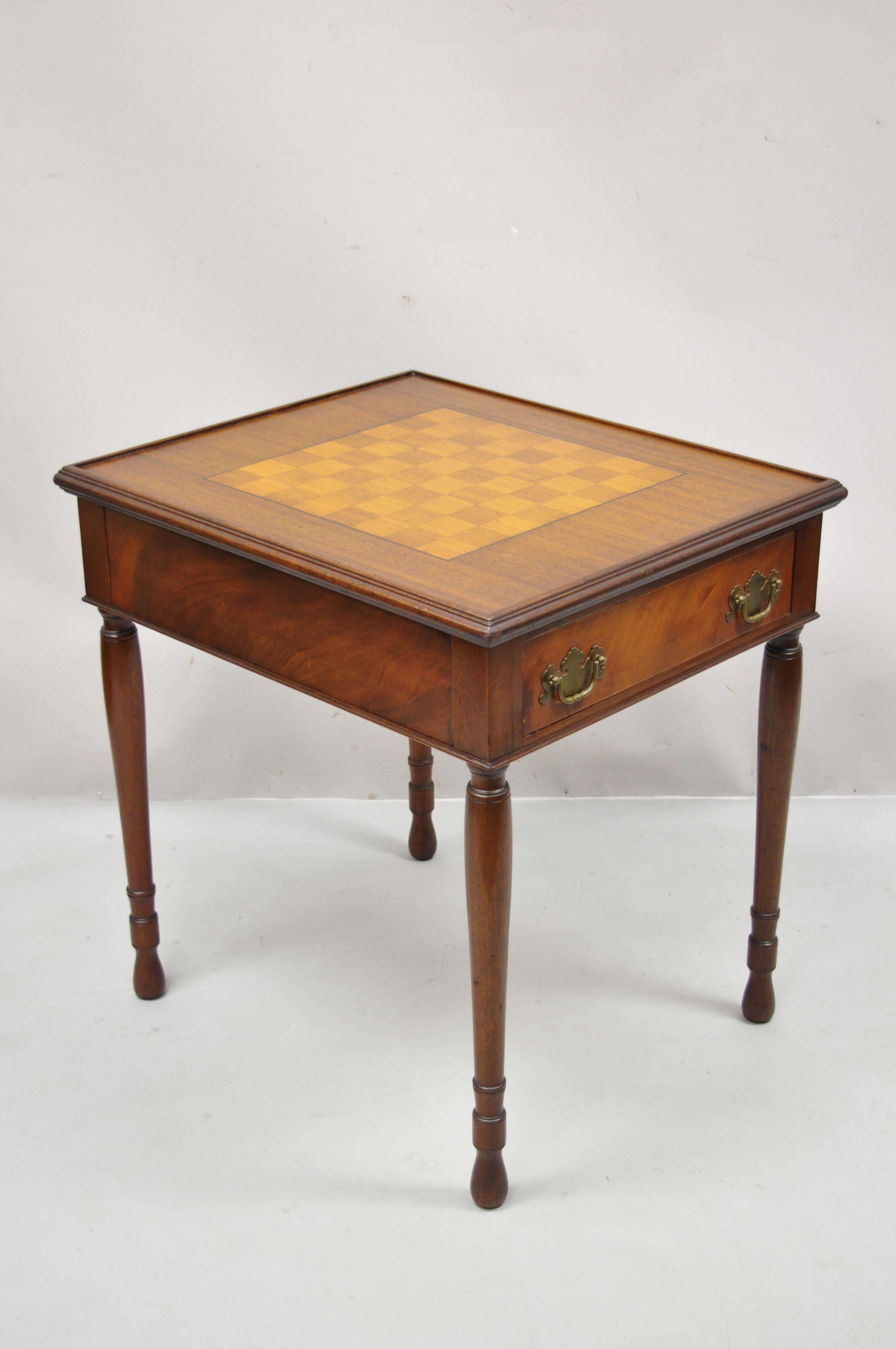Antique Flip Top Brown Leather and Inlaid Checkerboard One Drawer Game Table 4