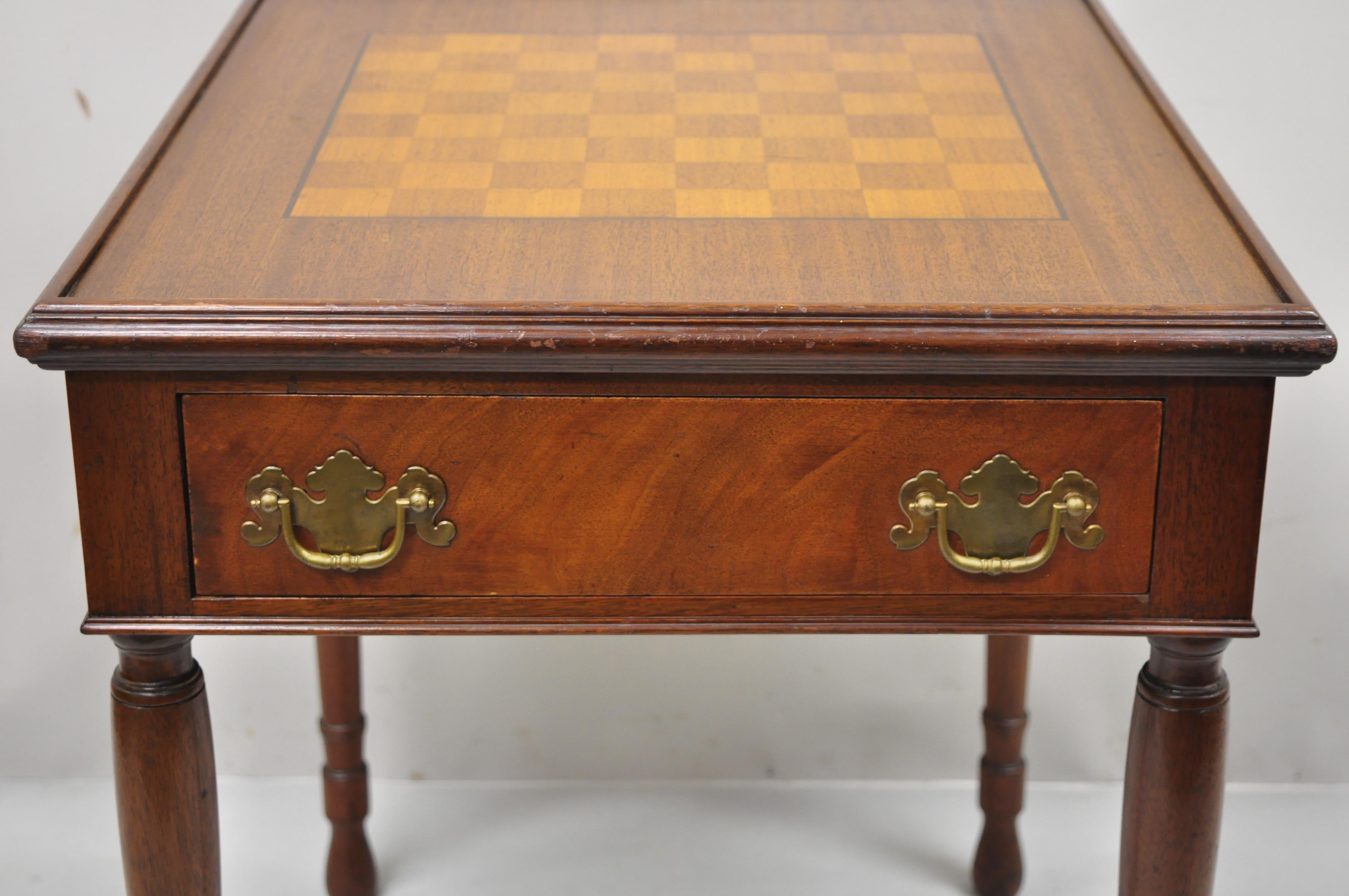 20th Century Antique Flip Top Brown Leather and Inlaid Checkerboard One Drawer Game Table