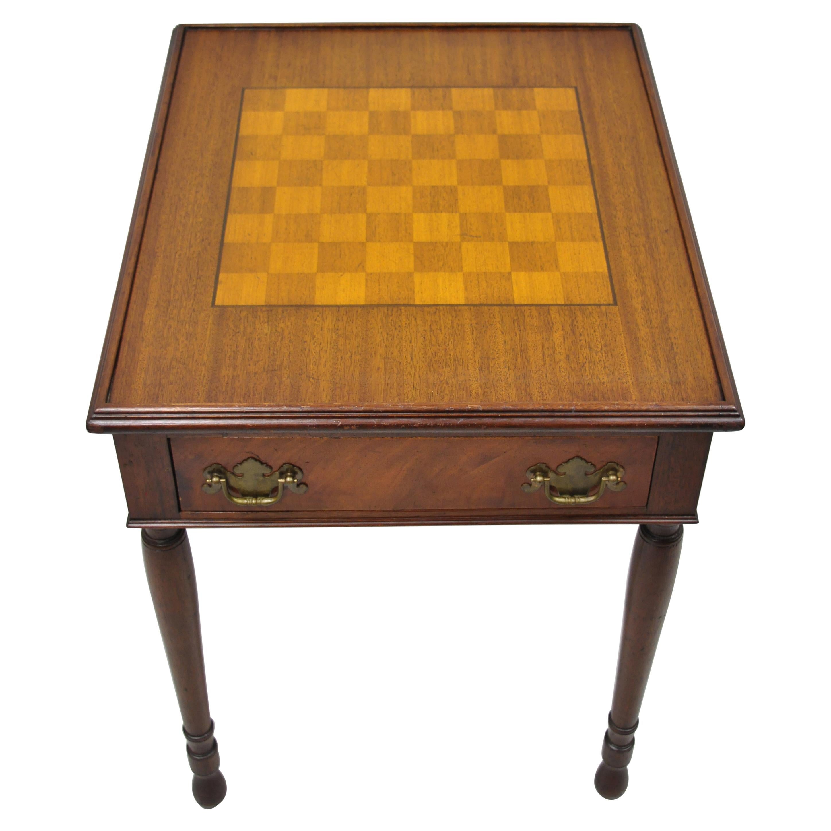 Antique Flip Top Brown Leather and Inlaid Checkerboard One Drawer Game Table