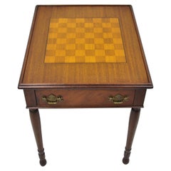 Antique Flip Top Brown Leather and Inlaid Checkerboard One Drawer Game Table