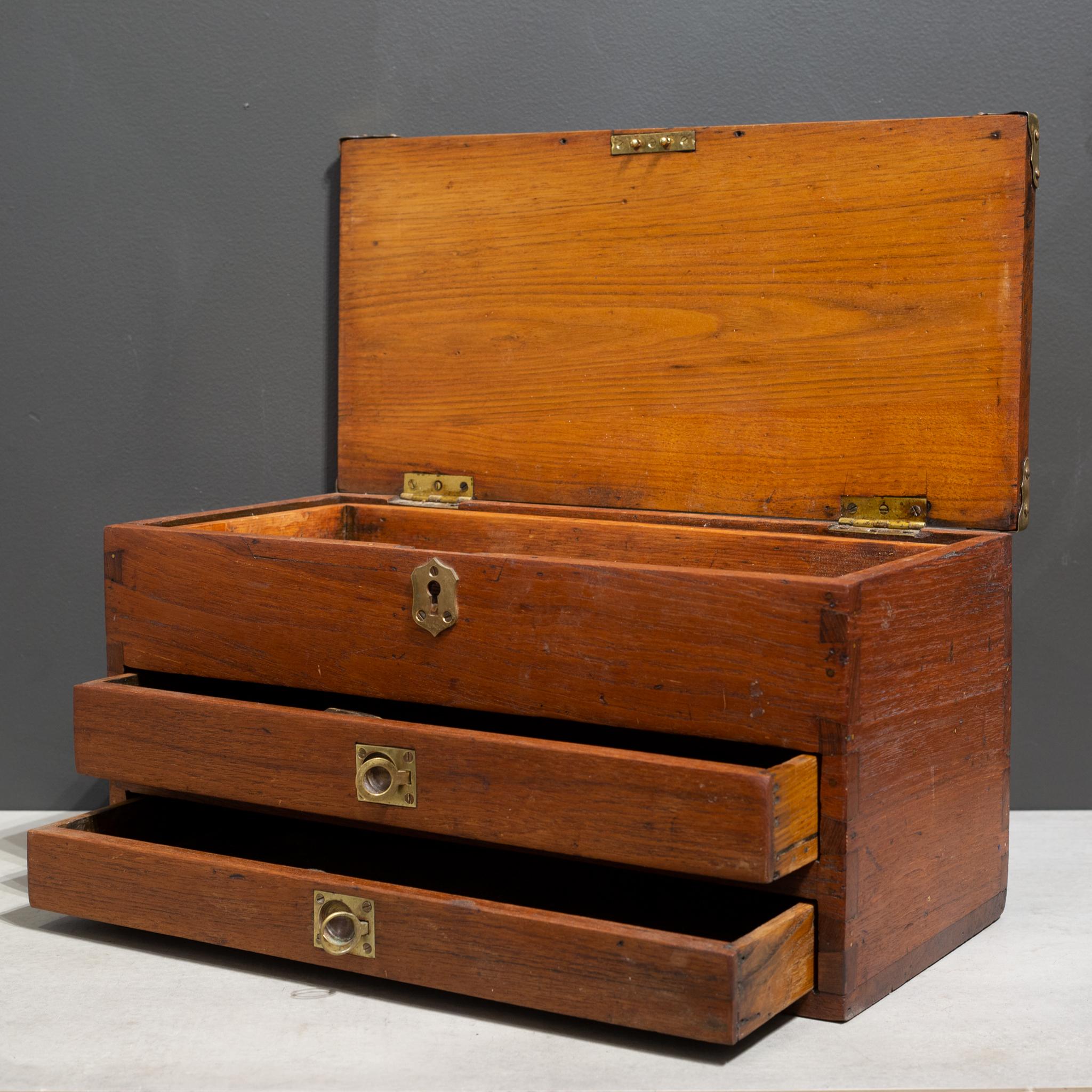 About

An antique flip top oak toolbox or machinist's chest with dovetail joints, inset pull out brass handles and brass corners, three drawers, lift top and a pull out tray. Each drawer has a primitive lock that is hidden from the inside.


