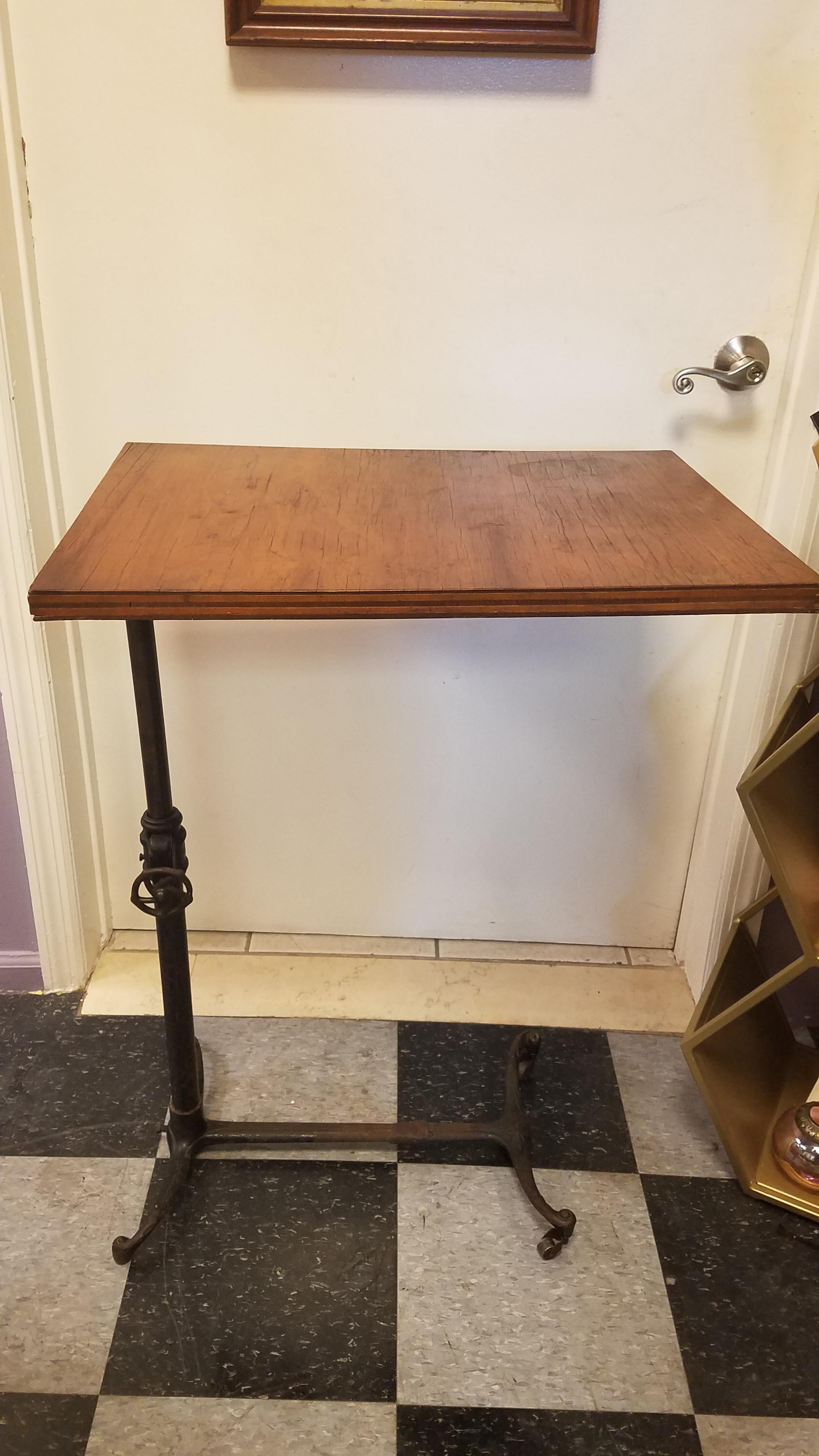 Industrial Antique Flip Top Table with Wrouth Iron Base For Sale