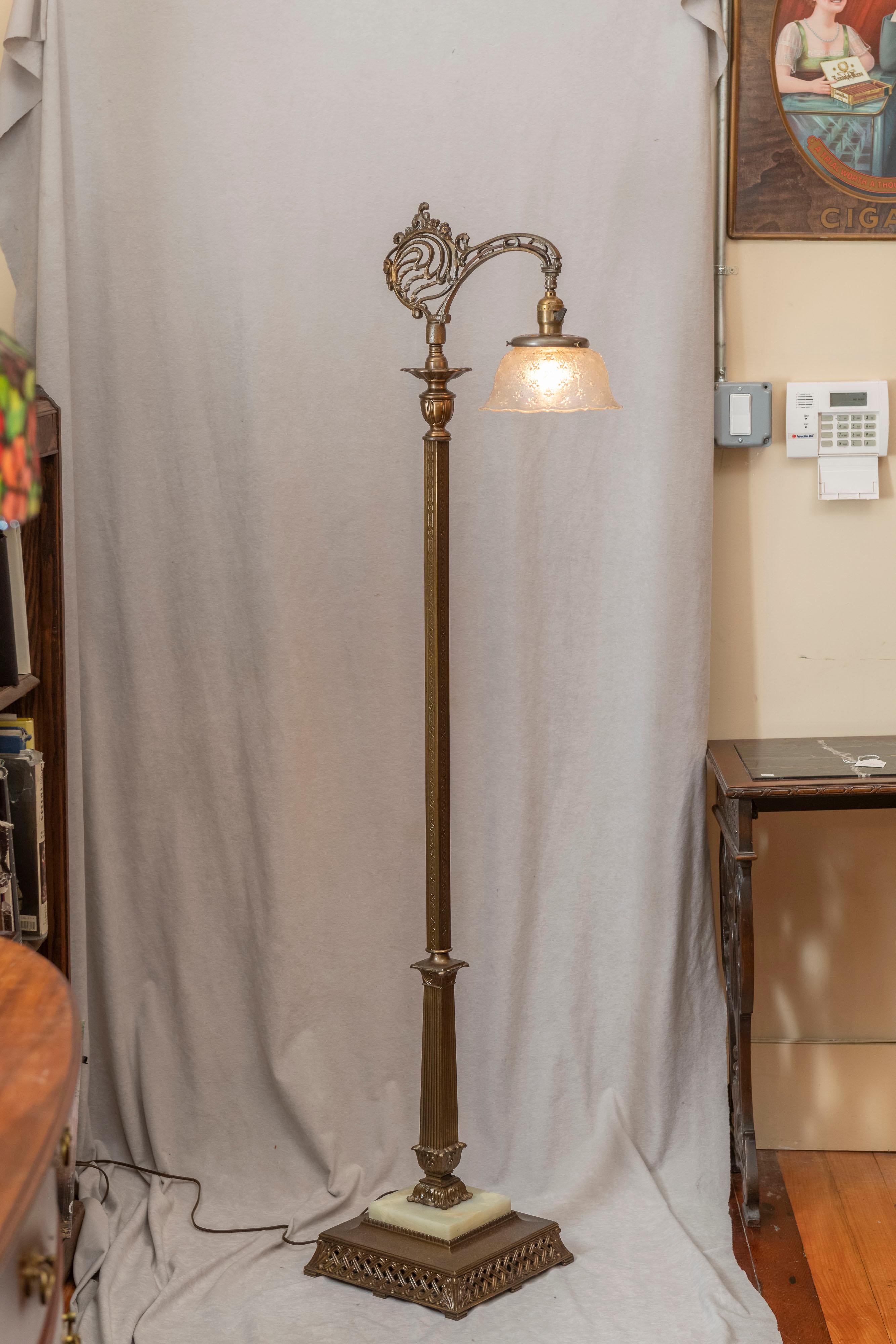 Hand-Crafted Antique Floor Lamp, Bridge Style with Period Glass Shade