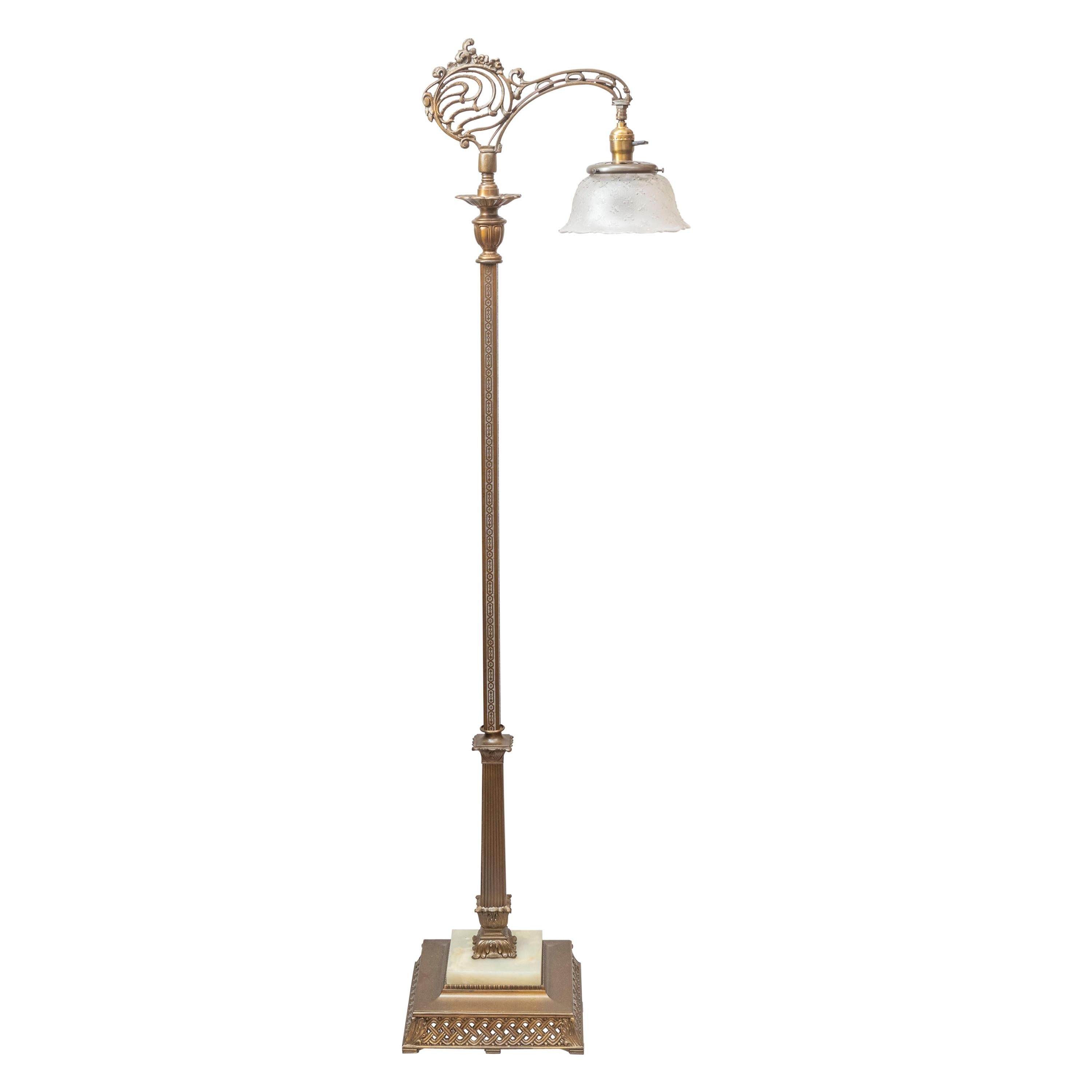 Antique Floor Lamp, Bridge Style with Period Glass Shade