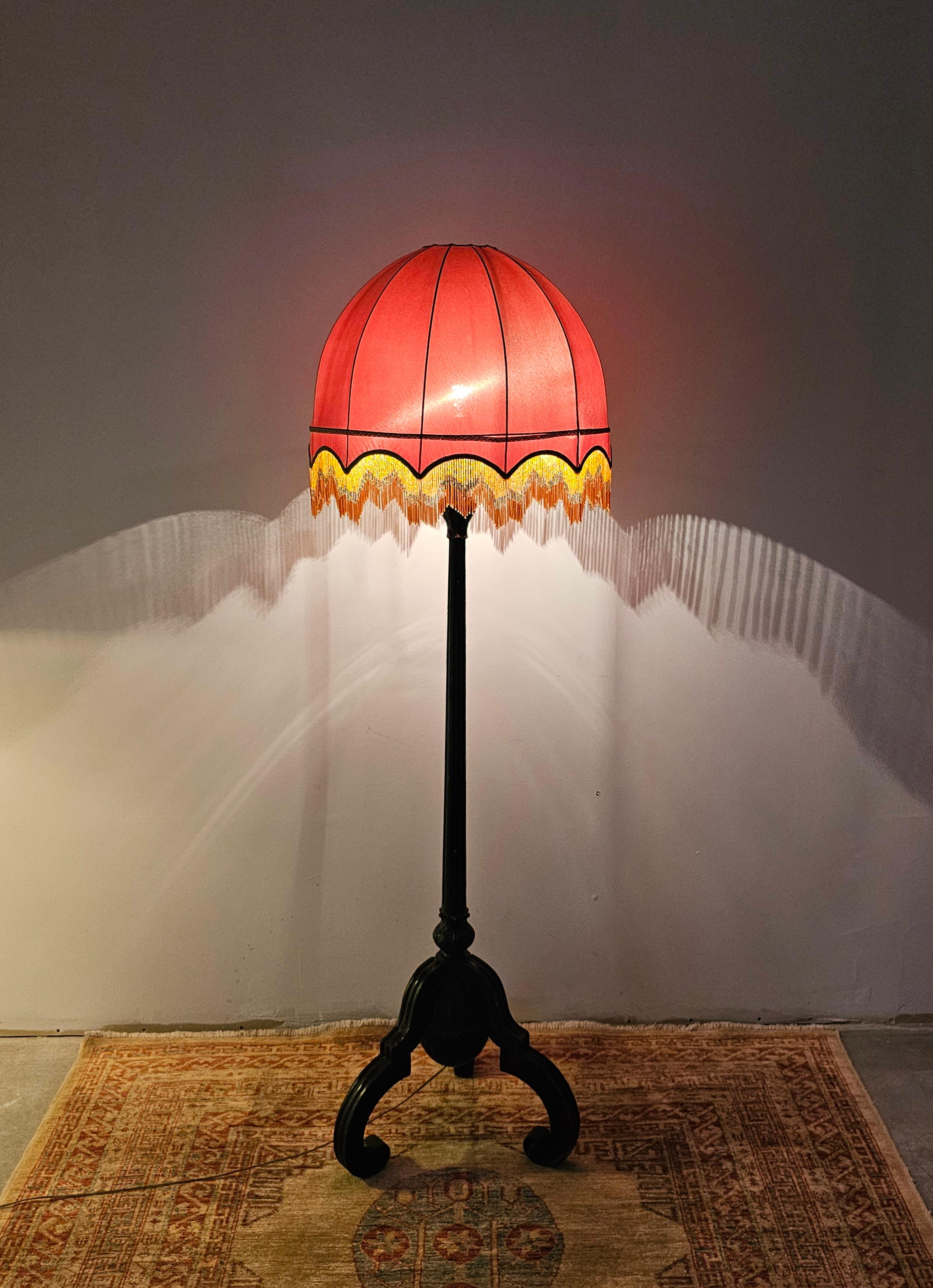 Art Nouveau Antique Floor Lamp in carved oak, with beautiful rust-red shade, Austria 1890s For Sale
