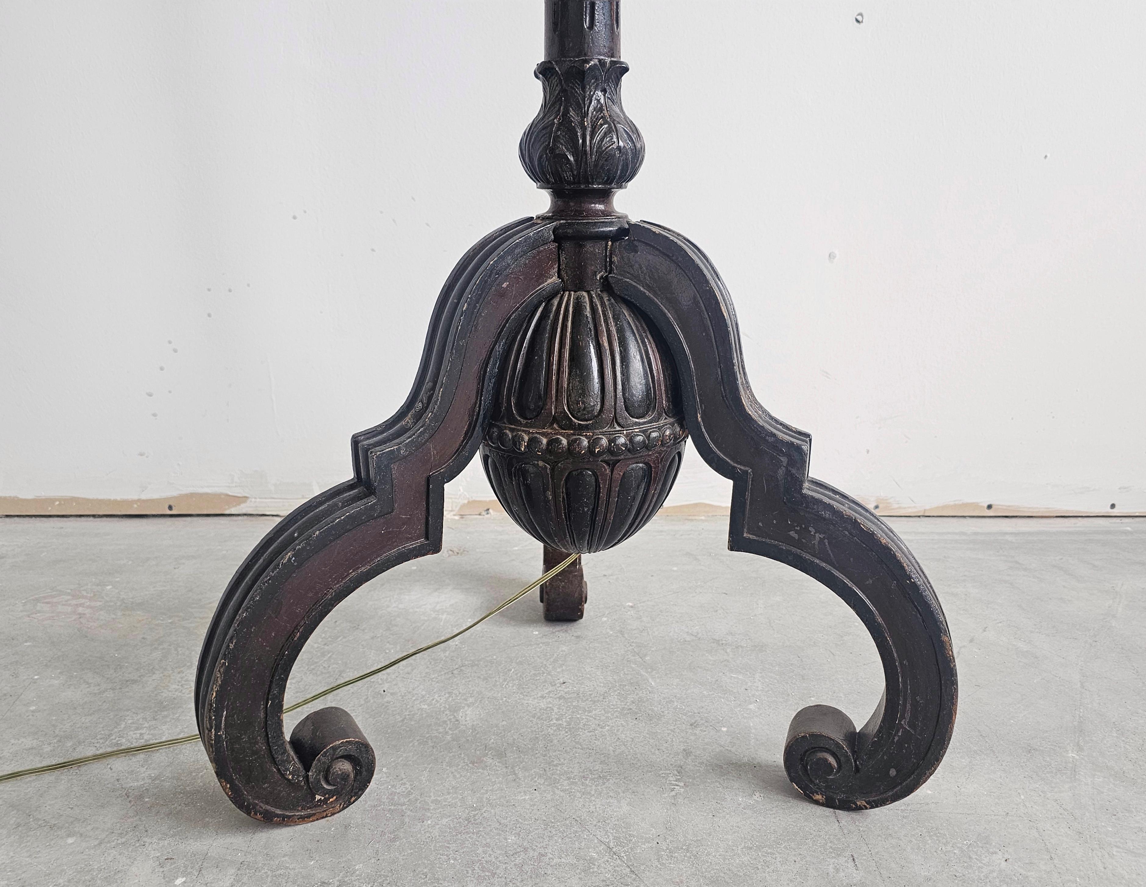Fabric Antique Floor Lamp in carved oak, with beautiful rust-red shade, Austria 1890s For Sale