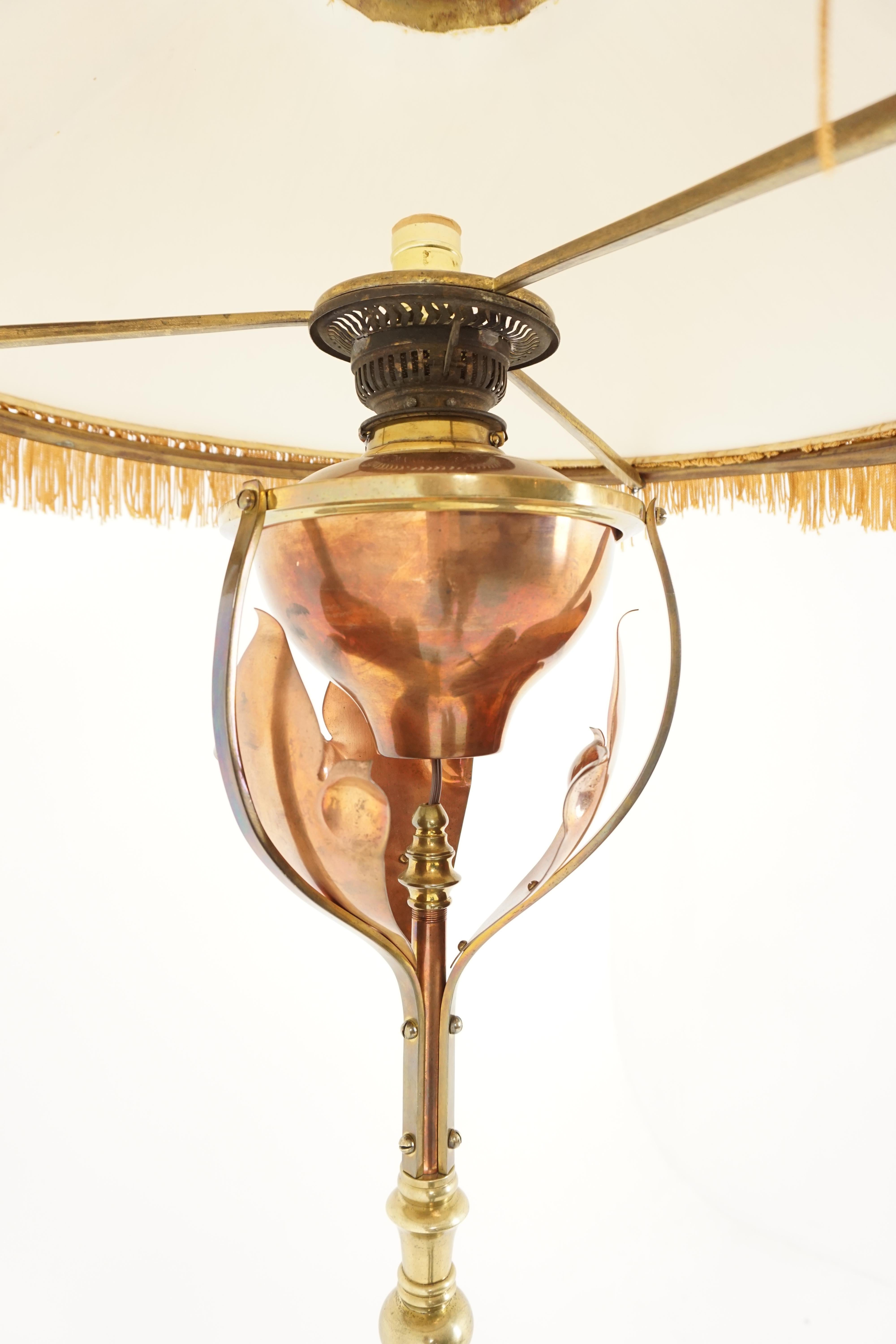 Victorian Antique Floor Lamp, Telescopic Art Nouveau Brass & Copper, Scotland 1880, B2018