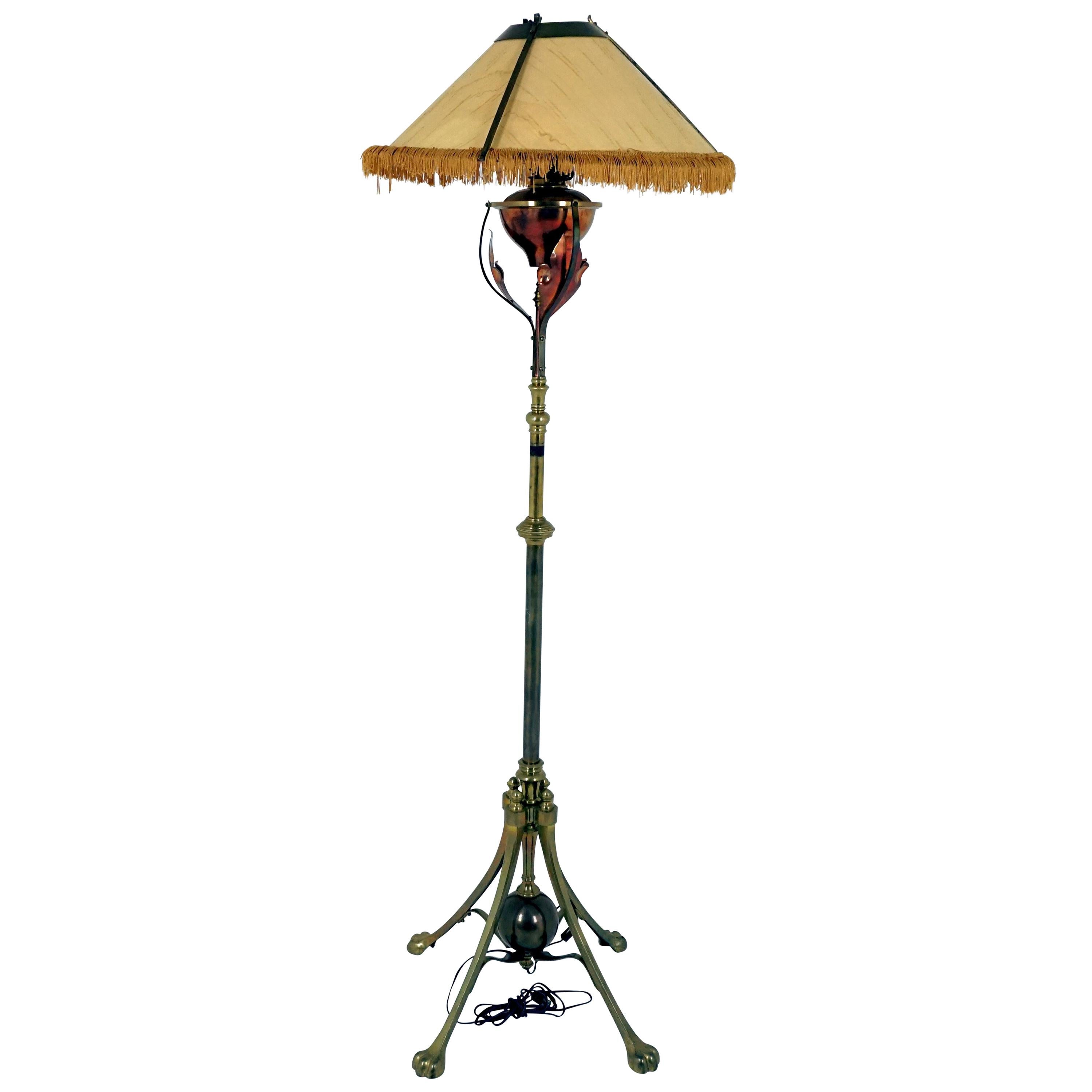 Antique Floor Lamp, Telescopic Art Nouveau Brass & Copper, Scotland 1880, B2018