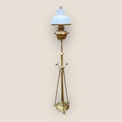 Antique Floor Standing Brass Pole Oil Lamp with White Glass Shade & Tripod Base