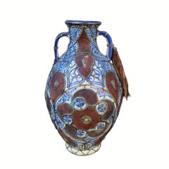 Antique Floor vase Safi pottery, blue ceramic, leather, enamel, stone, metal