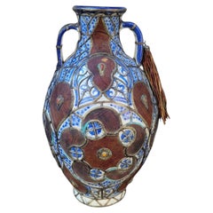 Antique Floor vase Safi pottery, blue ceramic, leather, enamel, stone, metal