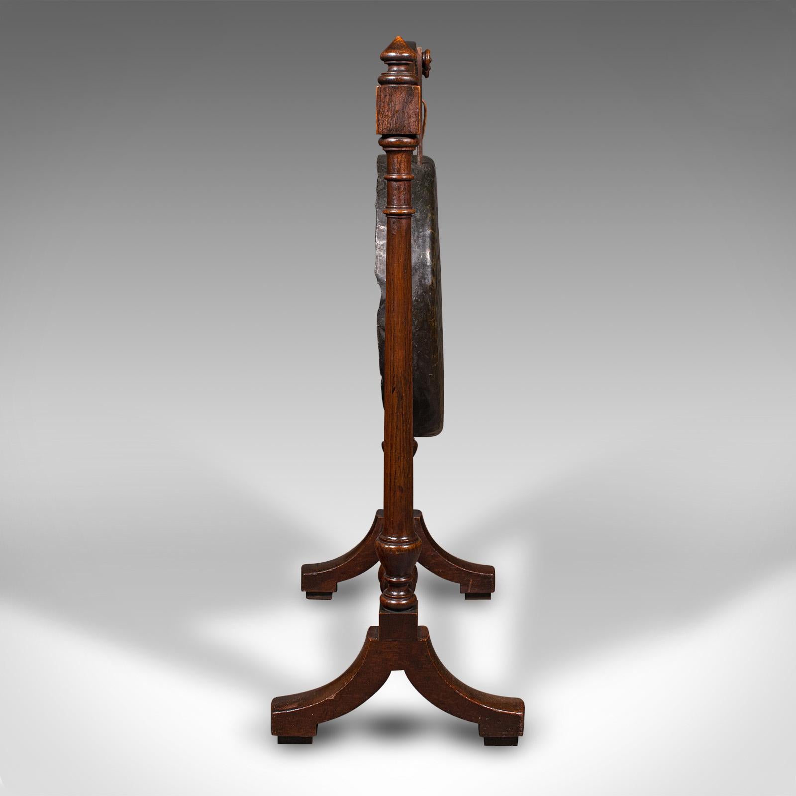 Late Victorian Antique Floorstanding Dinner Gong, English, Oak, Bronze, Ceremonial, Victorian