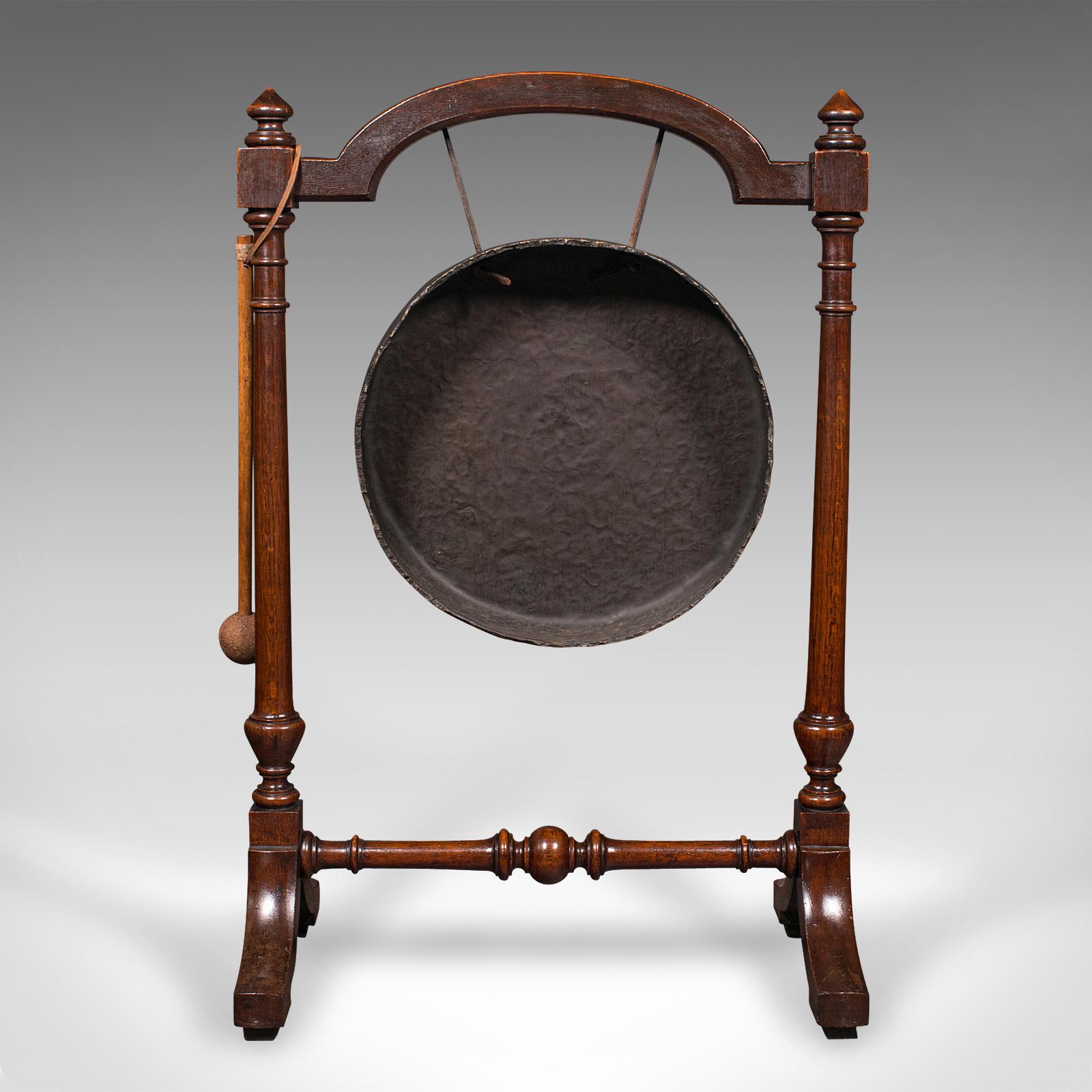 Antique Floorstanding Dinner Gong, English, Oak, Bronze, Ceremonial, Victorian In Good Condition In Hele, Devon, GB