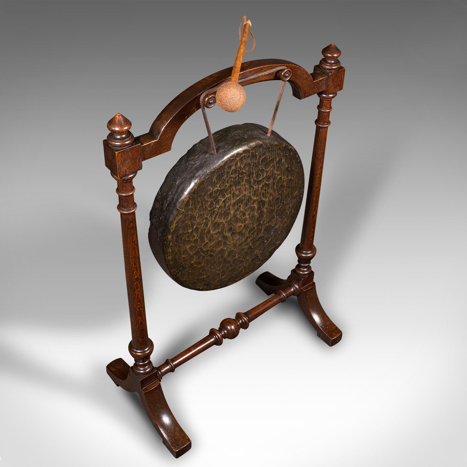 19th Century Antique Floorstanding Dinner Gong, English, Oak, Bronze, Ceremonial, Victorian